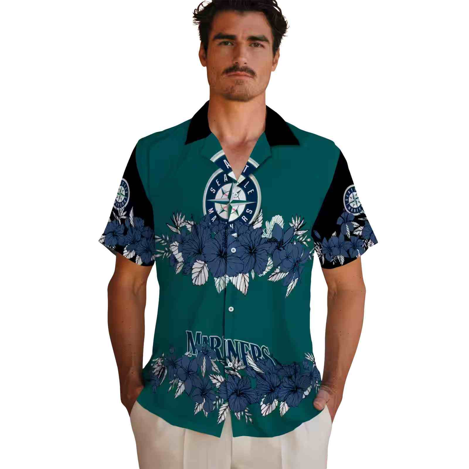 seattle mariners hibiscus stripe navy blue black hawaiian shirt fashion forward