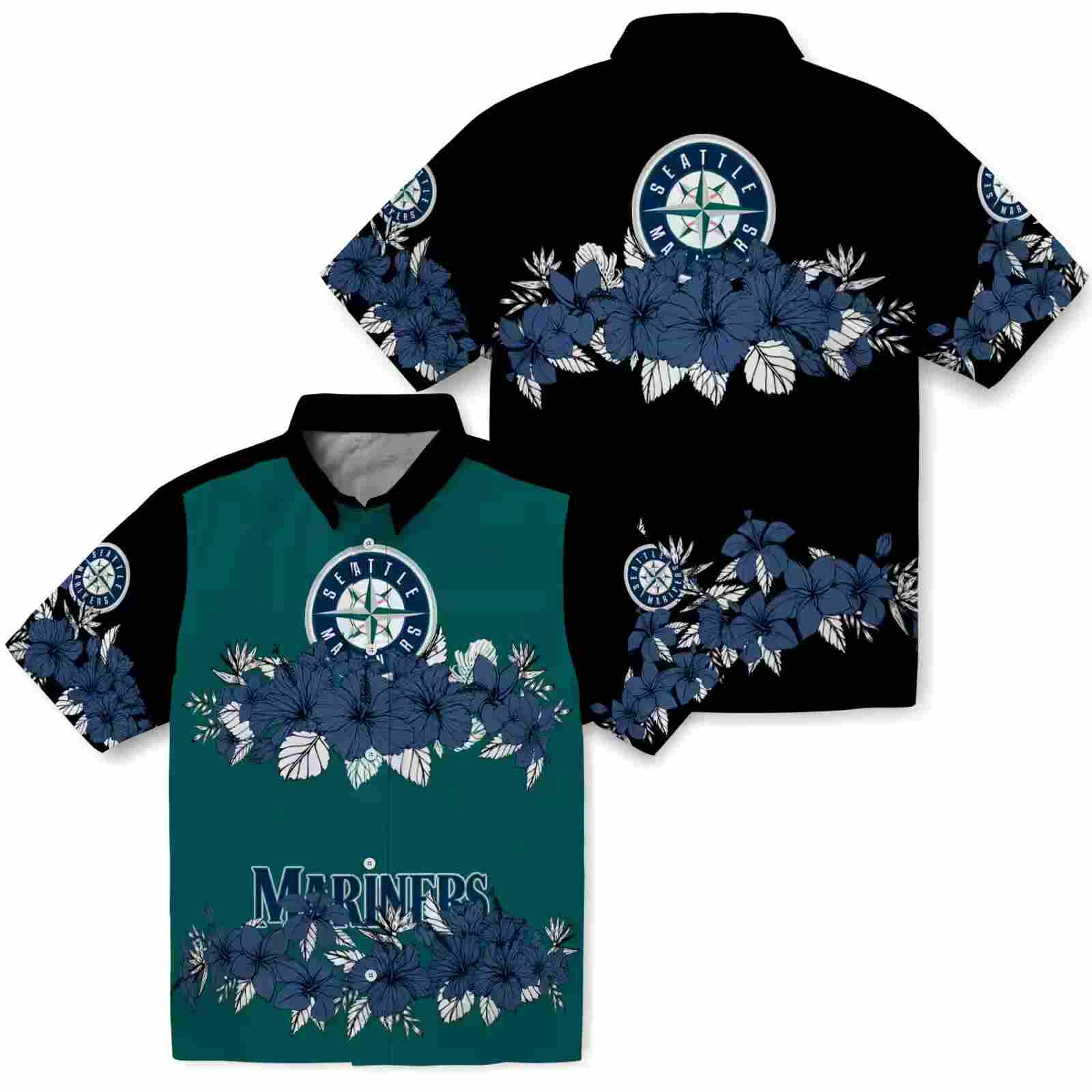 seattle mariners hibiscus stripe navy blue black hawaiian shirt high quality