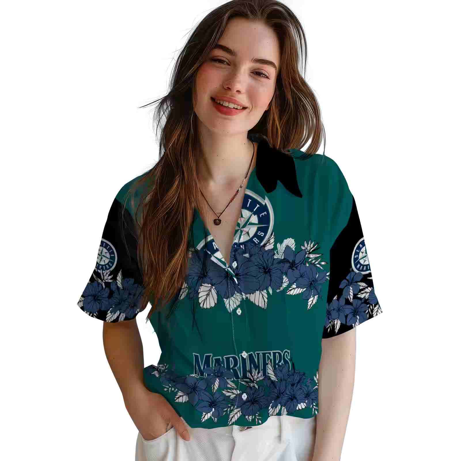 seattle mariners hibiscus stripe navy blue black hawaiian shirt latest model