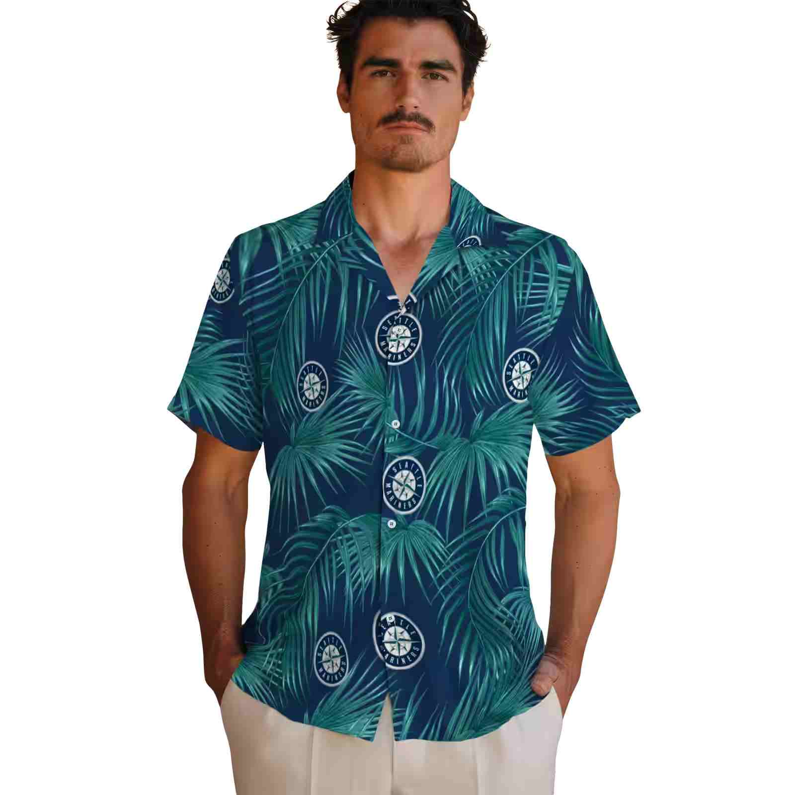 seattle mariners leafy palms navy blue hawaiian shirt fashion forward