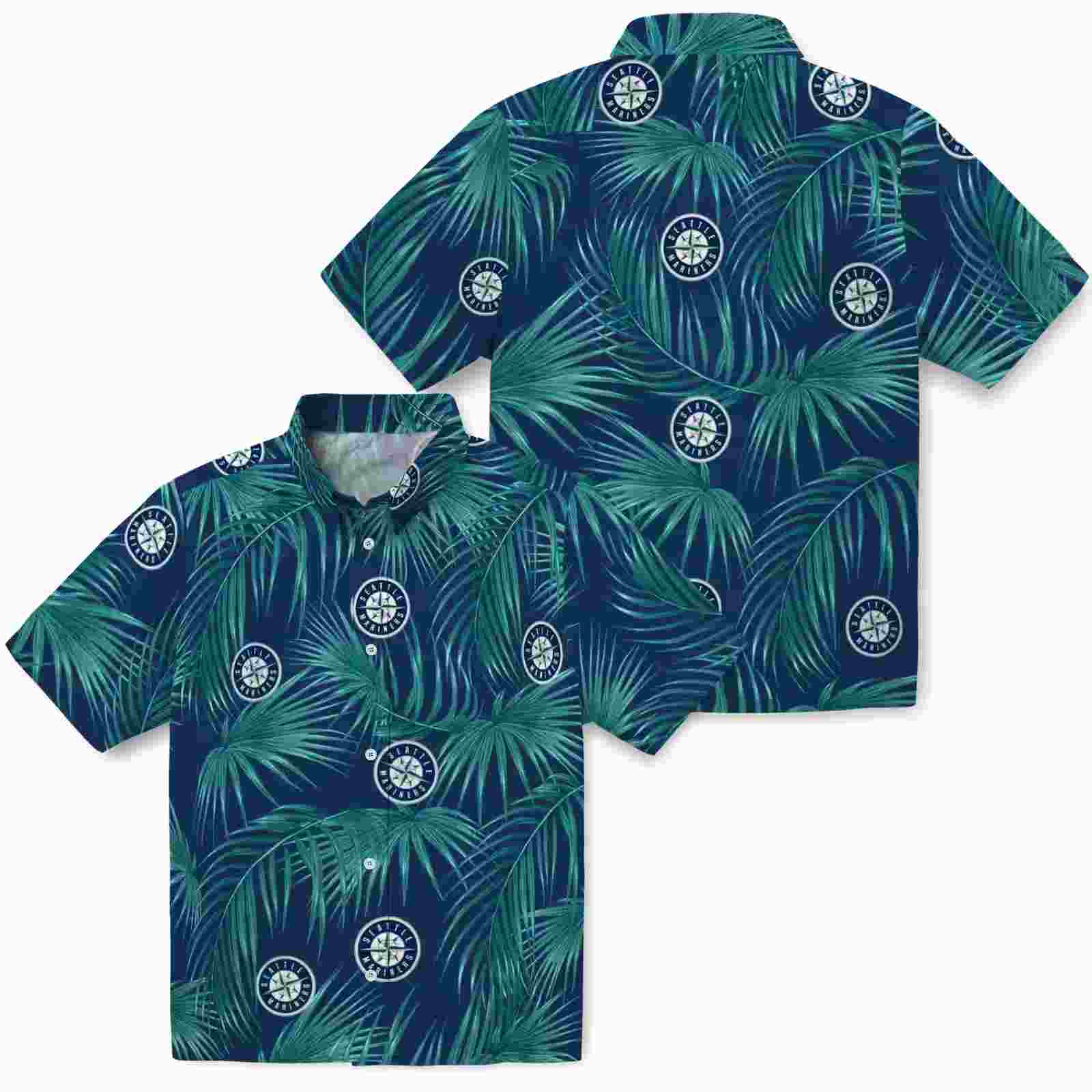 seattle mariners leafy palms navy blue hawaiian shirt high quality