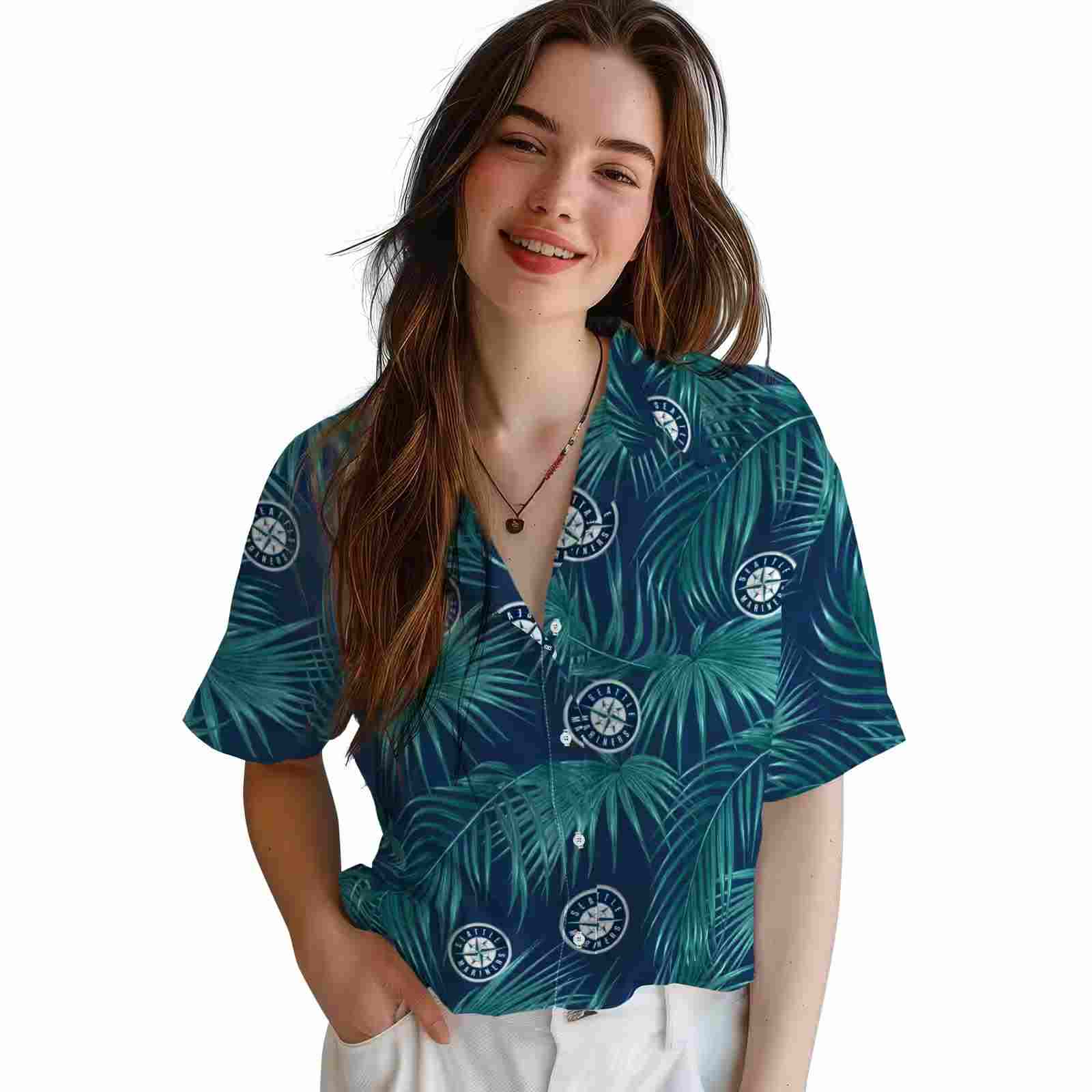 seattle mariners leafy palms navy blue hawaiian shirt latest model