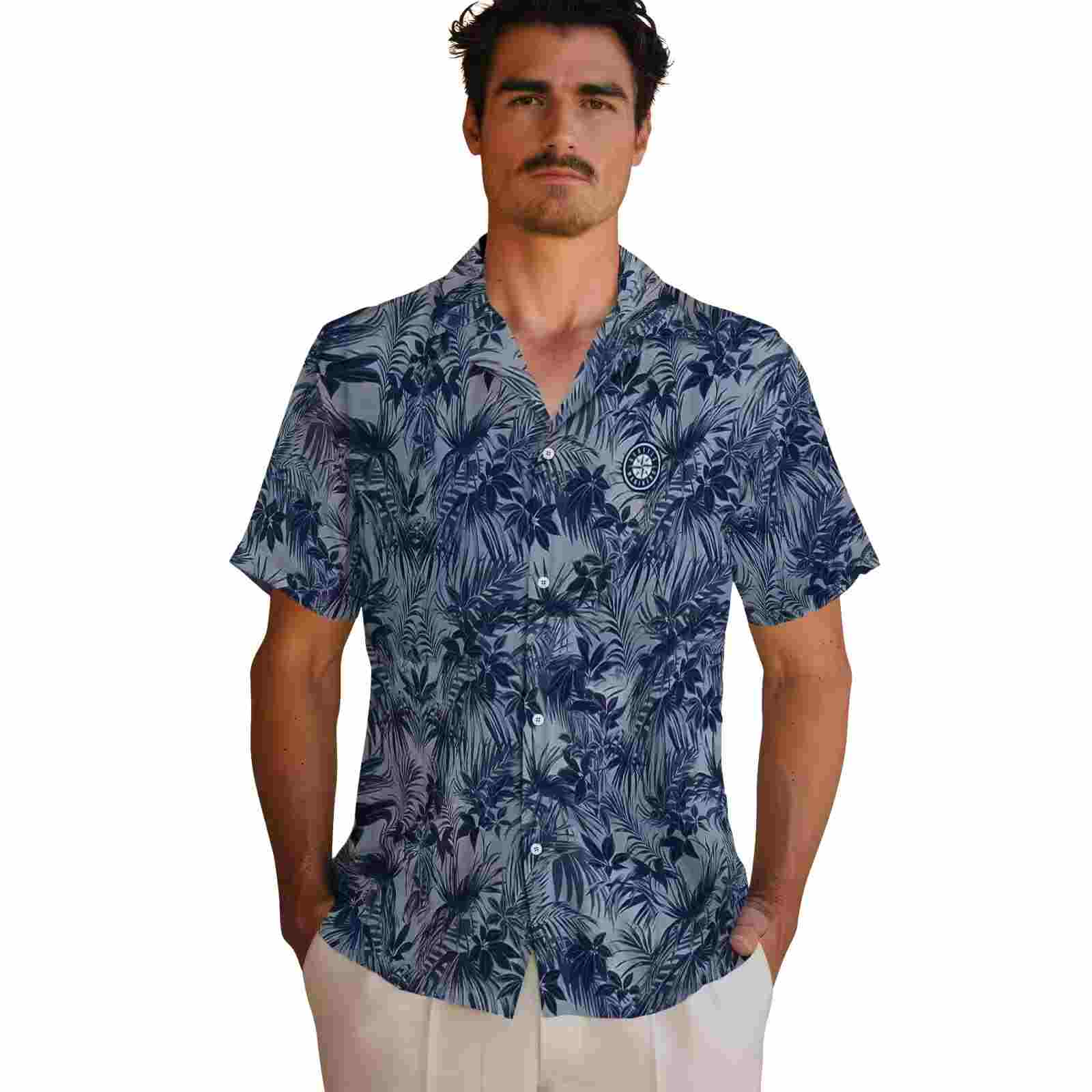 seattle mariners leafy pattern navy blue hawaiian shirt fashion forward