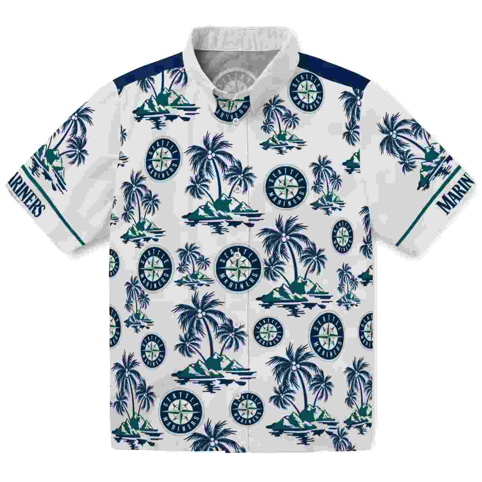 Seattle Mariners Palm Island Print Navy Blue White Hawaiian Shirt