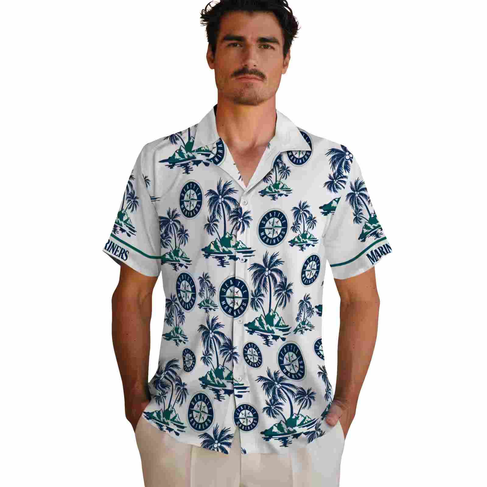 seattle mariners palm island print navy blue white hawaiian shirt fashion forward