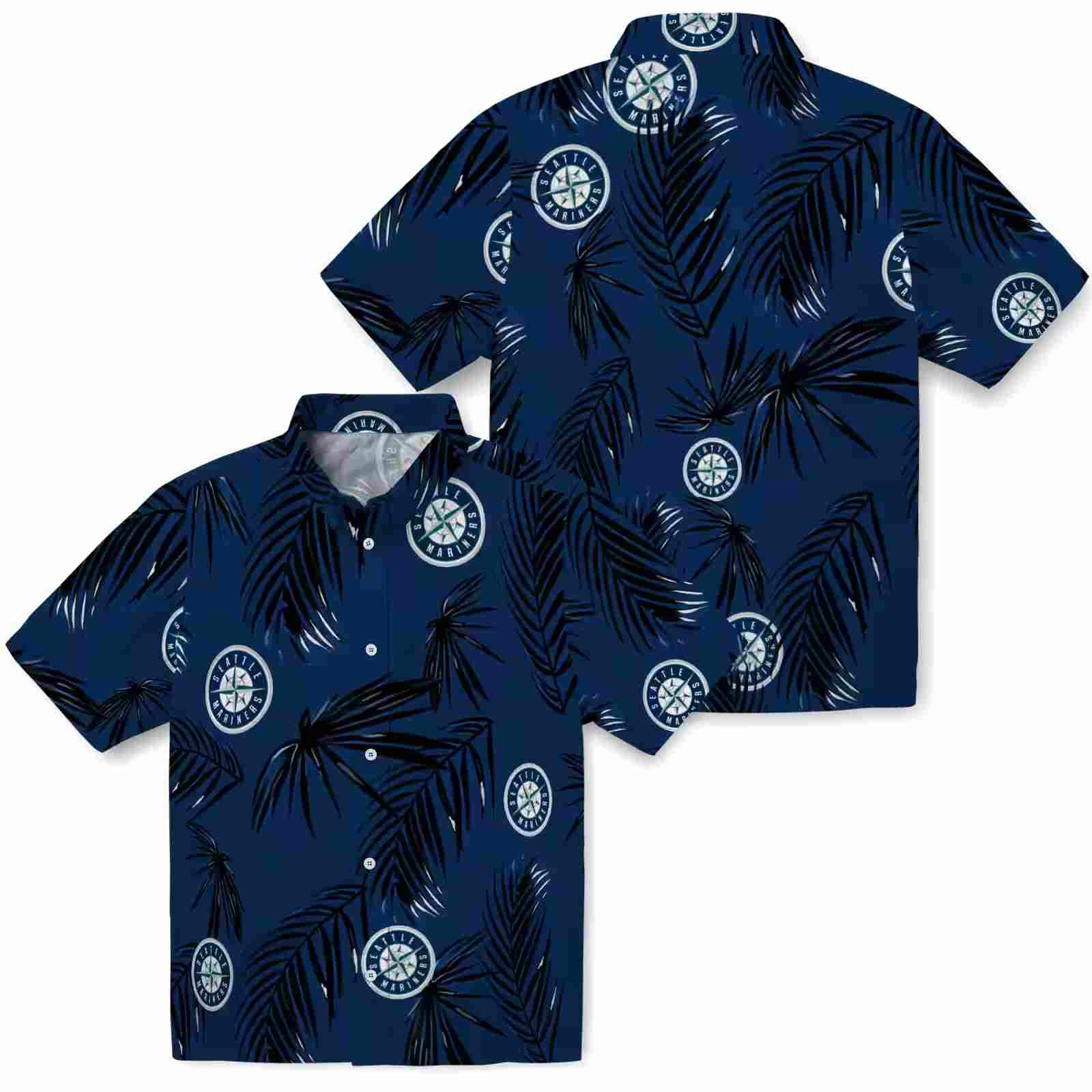 seattle mariners palm leaf navy blue hawaiian shirt high quality