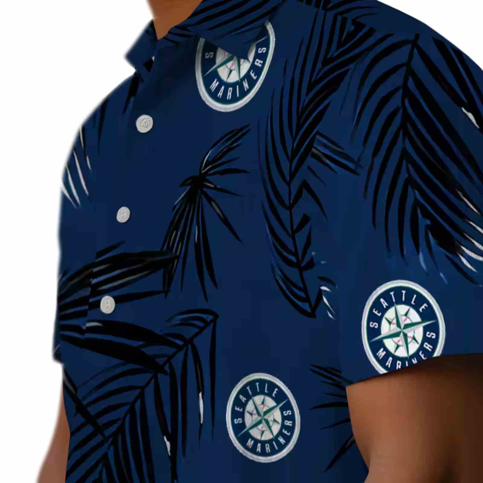 seattle mariners palm leaf navy blue hawaiian shirt trendy