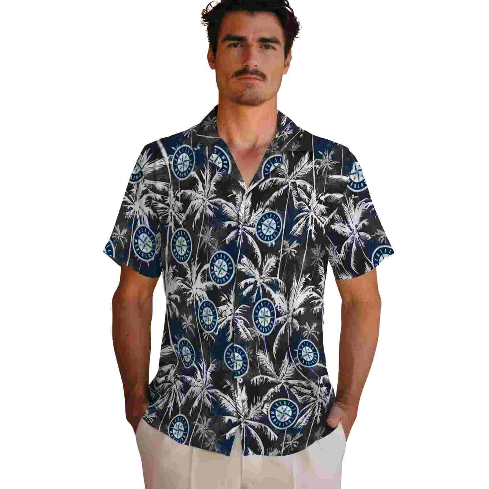 seattle mariners palm pattern navy blue black hawaiian shirt fashion forward