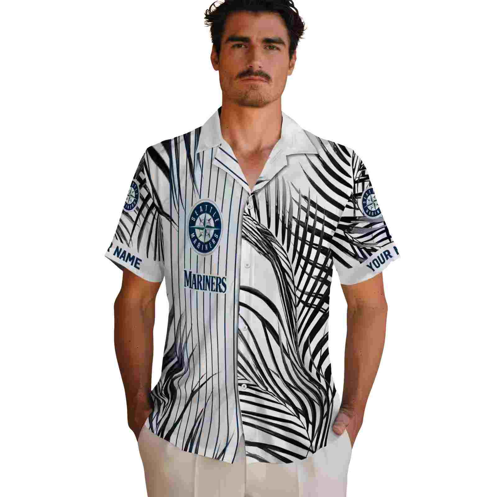 seattle mariners palm stripes navy blue black white hawaiian shirt fashion forward