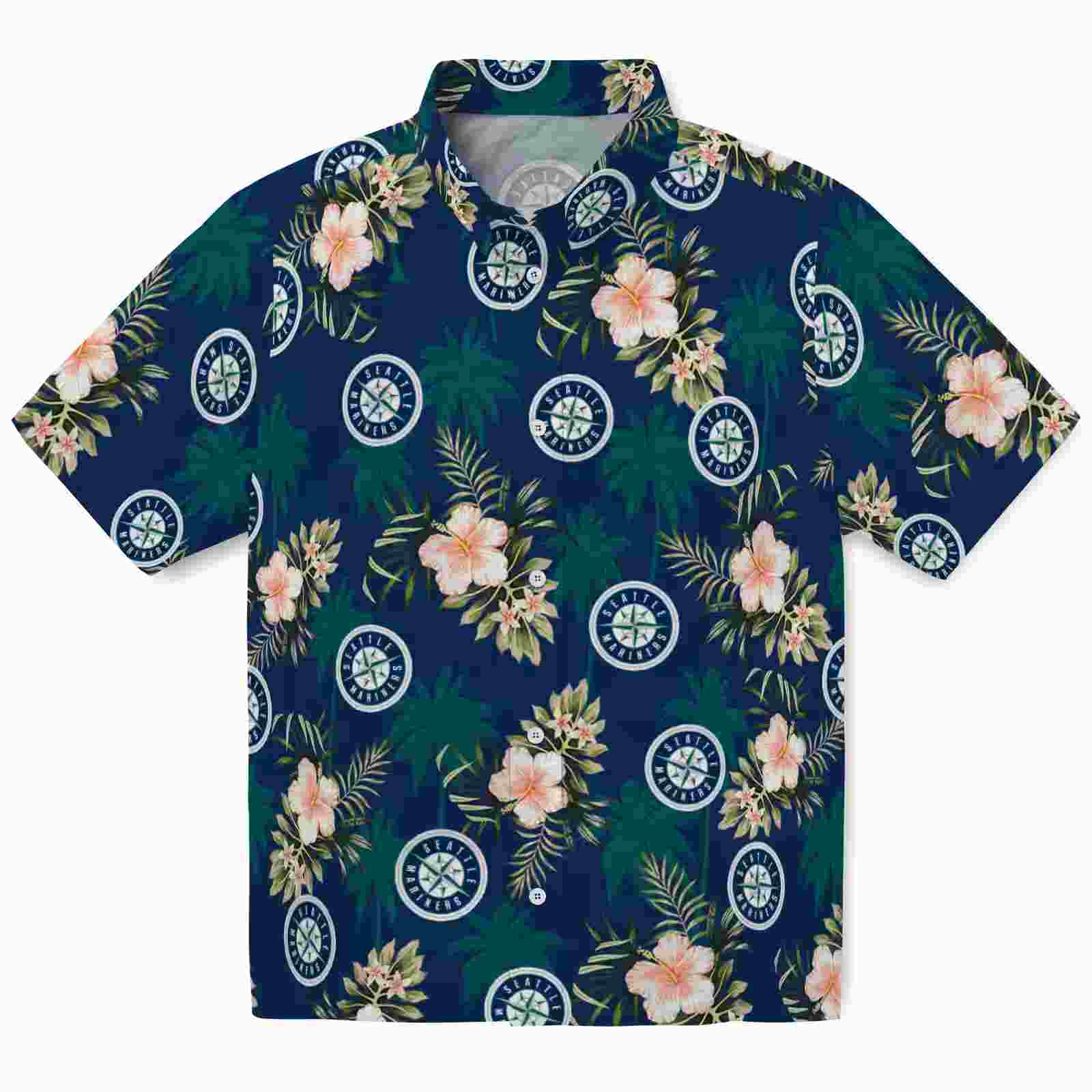 Seattle Mariners Palm Tree Flower Navy Blue Hawaiian Shirt