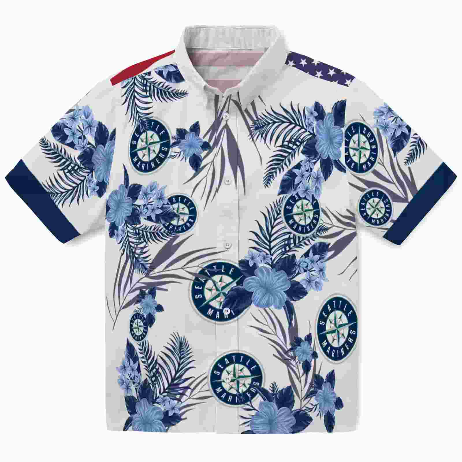 Seattle Mariners Patriotic Hibiscus Design Navy Blue White Hawaiian Shirt