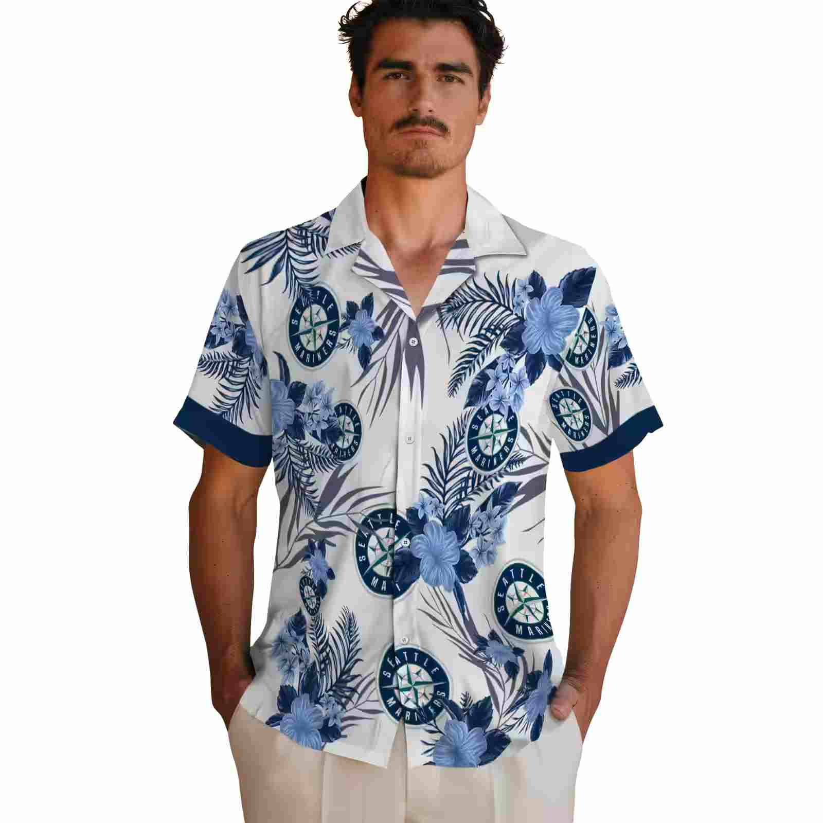 seattle mariners patriotic hibiscus design navy blue white hawaiian shirt fashion forward