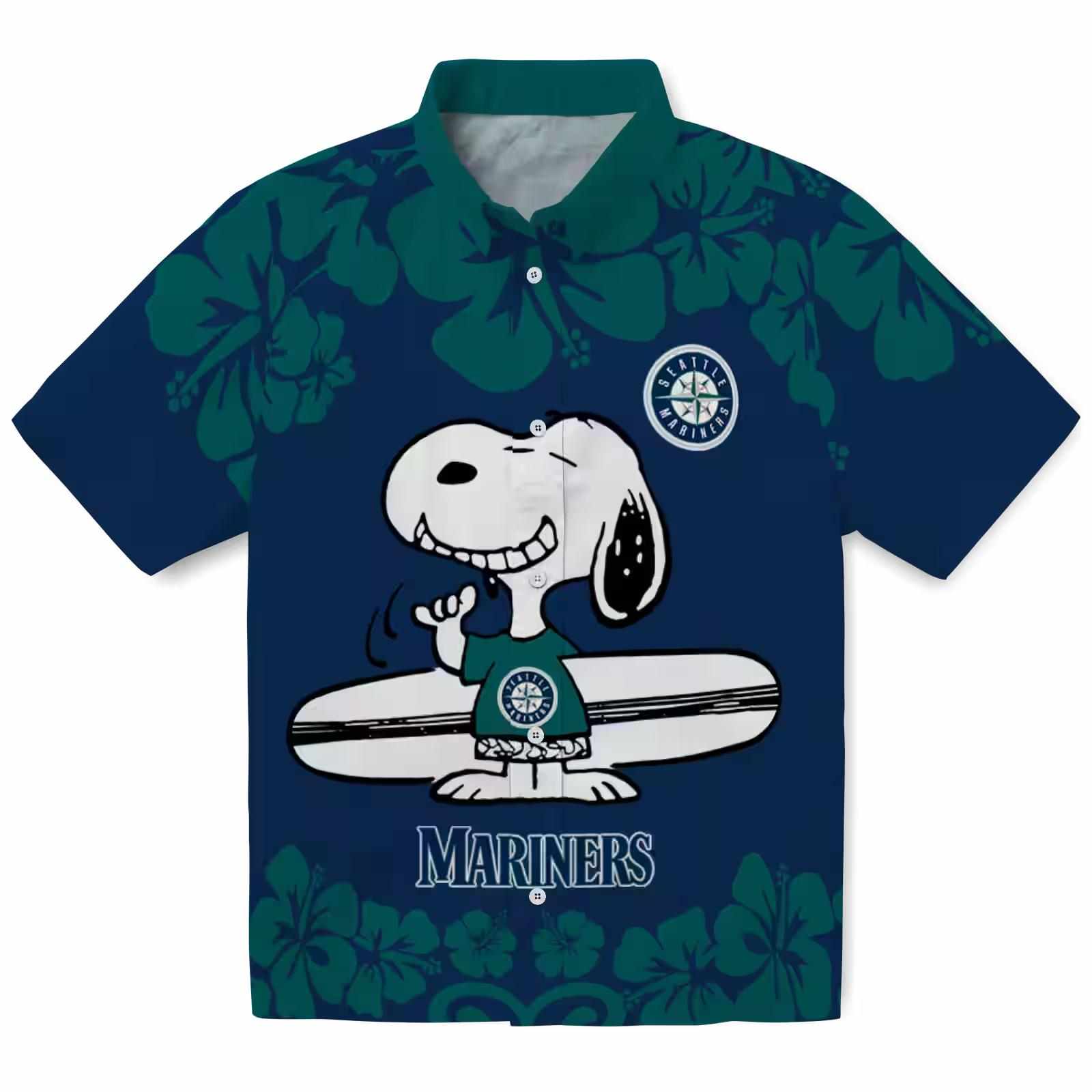 Seattle Mariners Snoopy Surf Navy Blue White Hawaiian Shirt