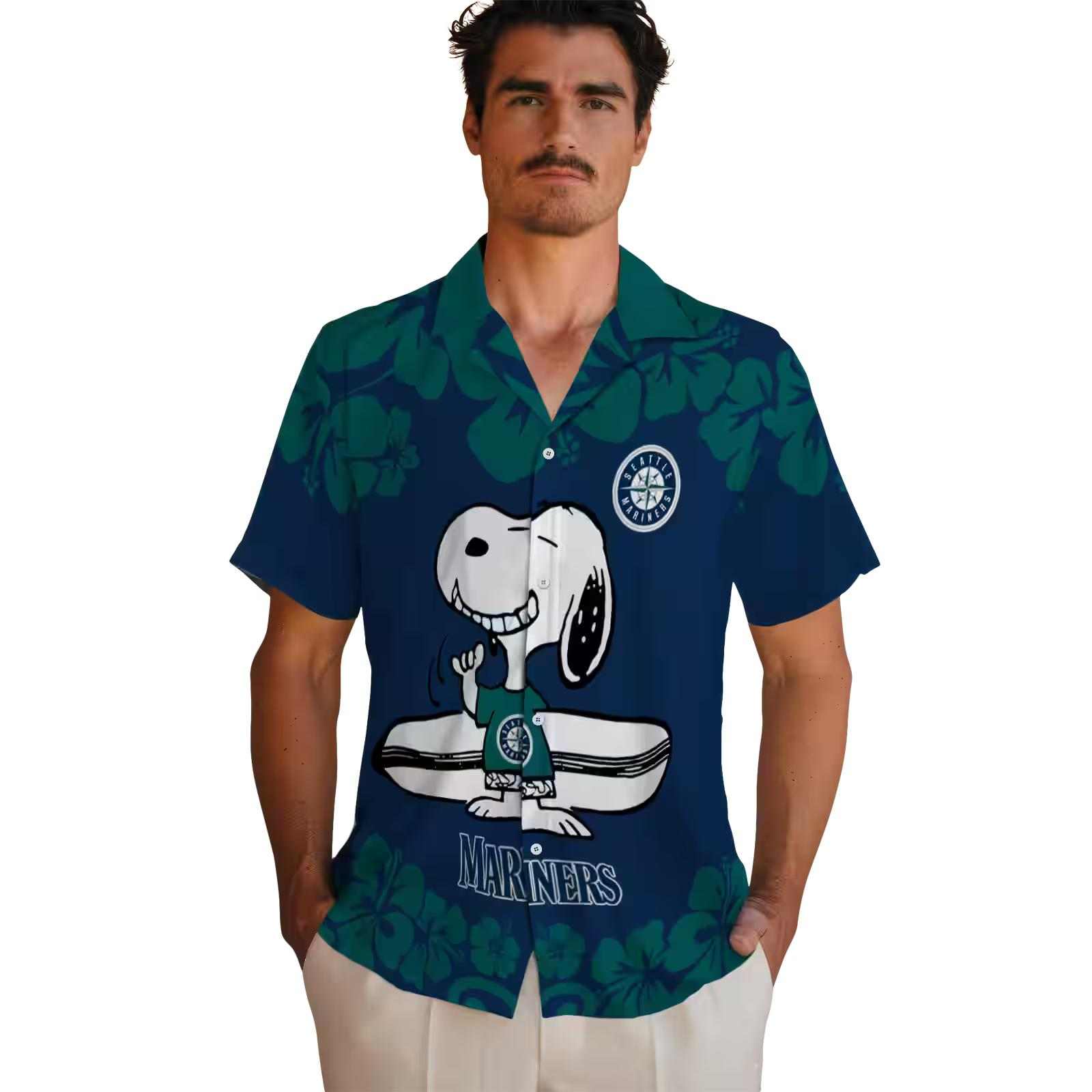 seattle mariners snoopy surf navy blue white hawaiian shirt fashion forward