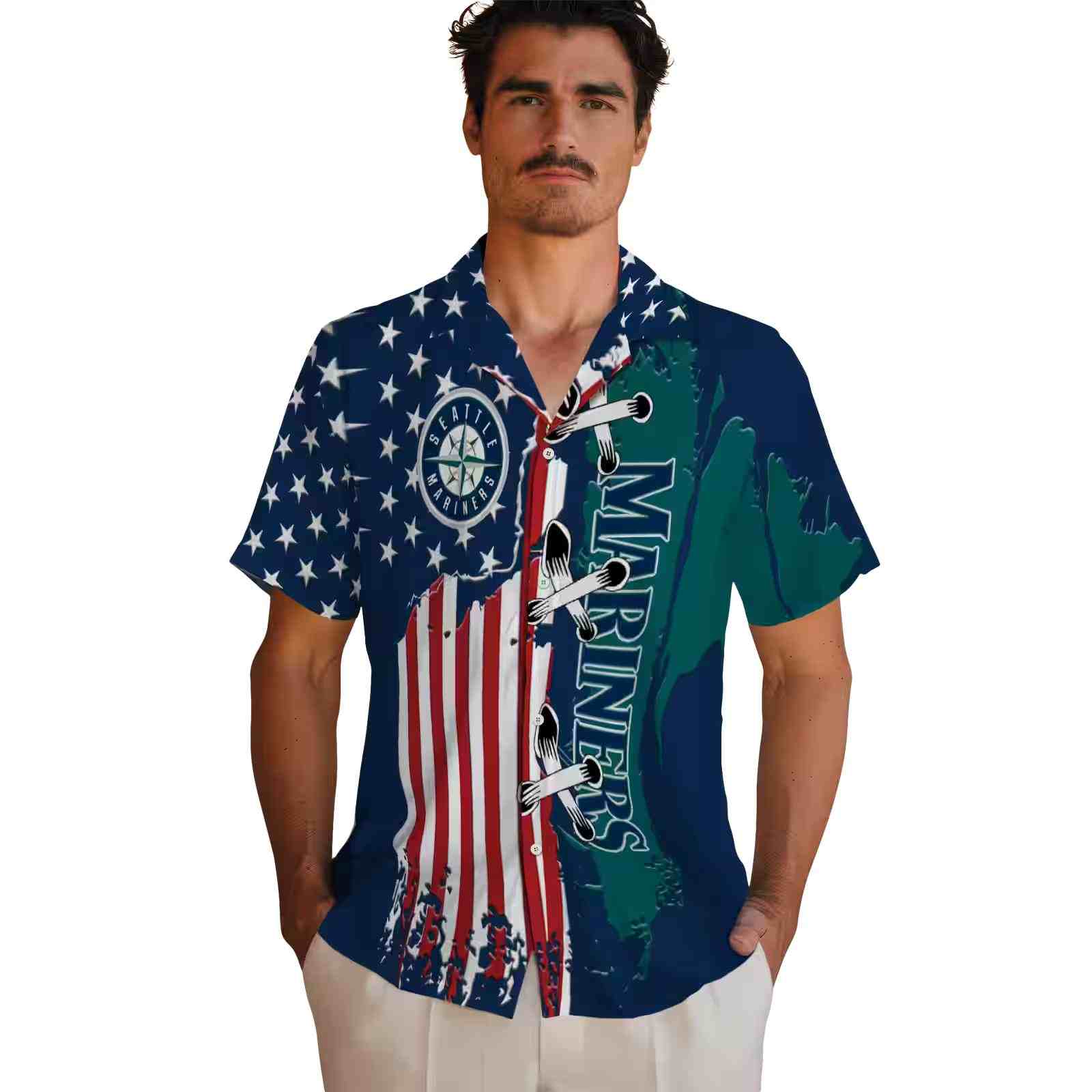 seattle mariners stitched flag navy blue hawaiian shirt fashion forward