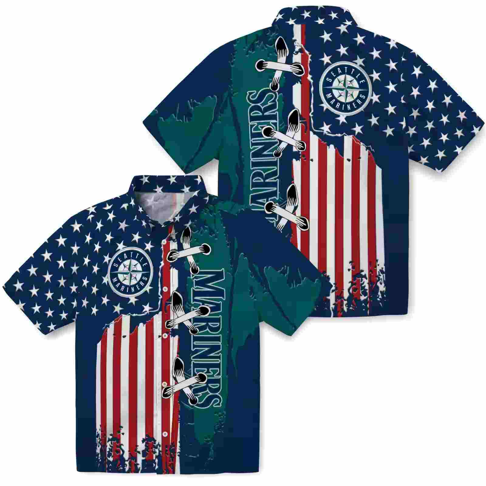 seattle mariners stitched flag navy blue hawaiian shirt high quality