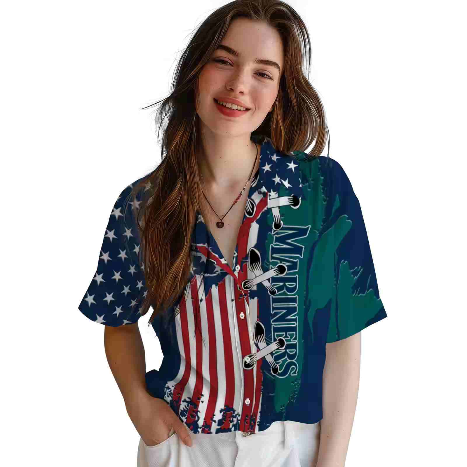 seattle mariners stitched flag navy blue hawaiian shirt latest model