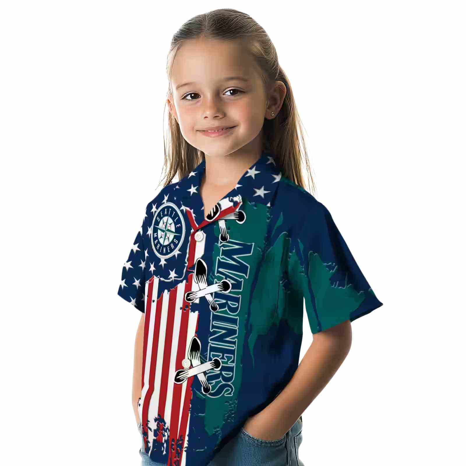 seattle mariners stitched flag navy blue hawaiian shirt premium grade