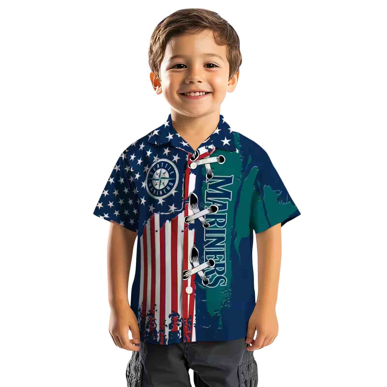 seattle mariners stitched flag navy blue hawaiian shirt top rated