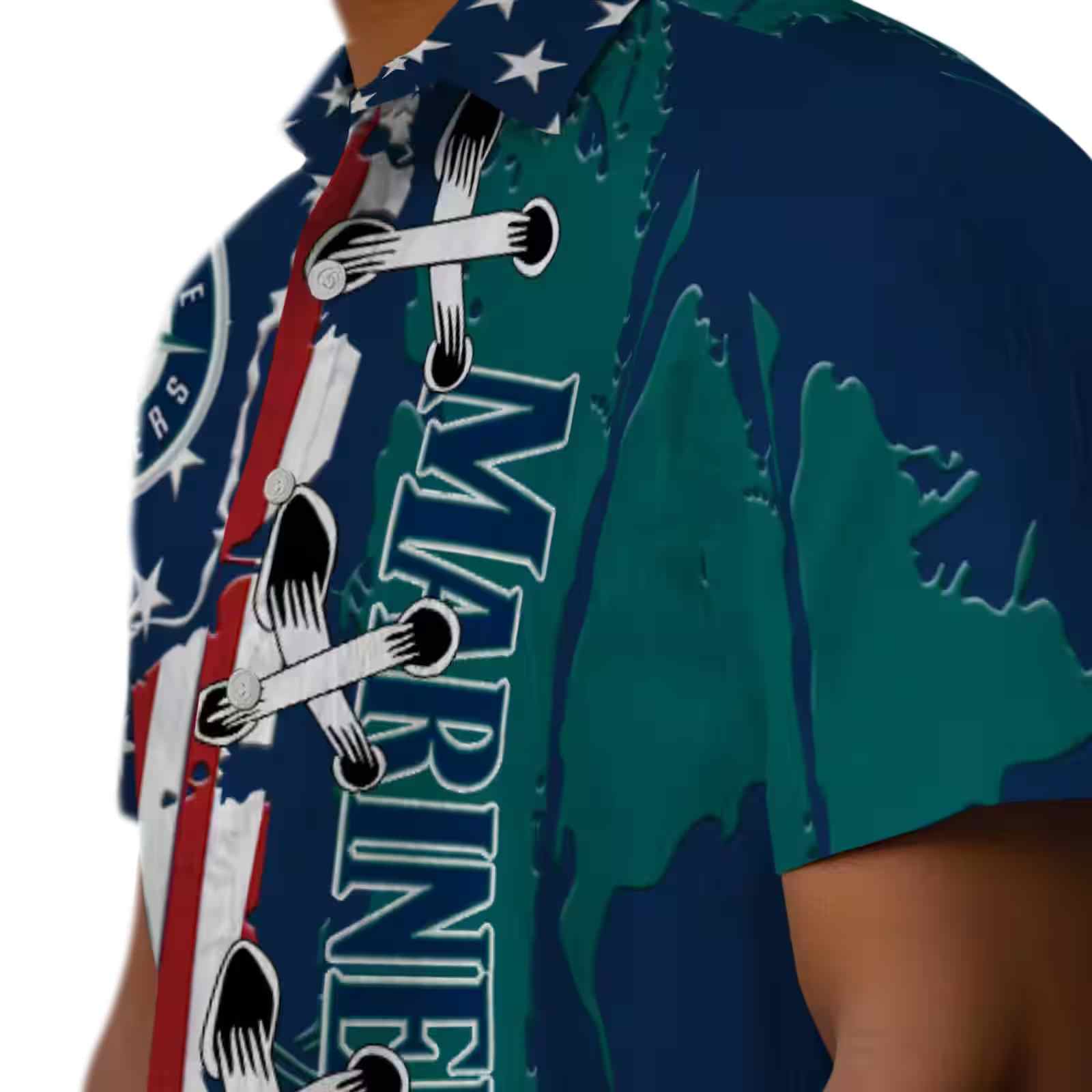 seattle mariners stitched flag navy blue hawaiian shirt trendy