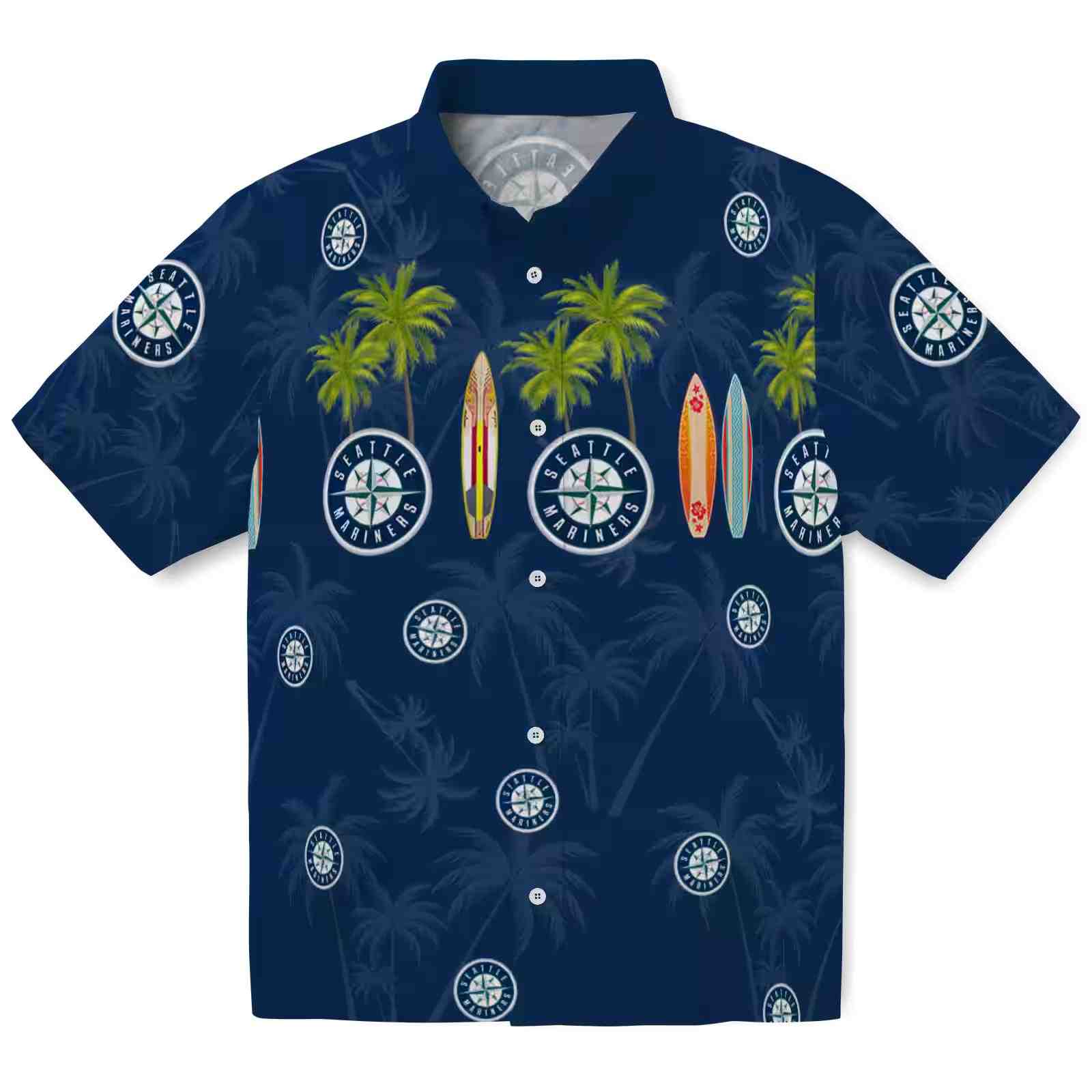 Seattle Mariners Surfboard Palm Navy Blue Hawaiian Shirt