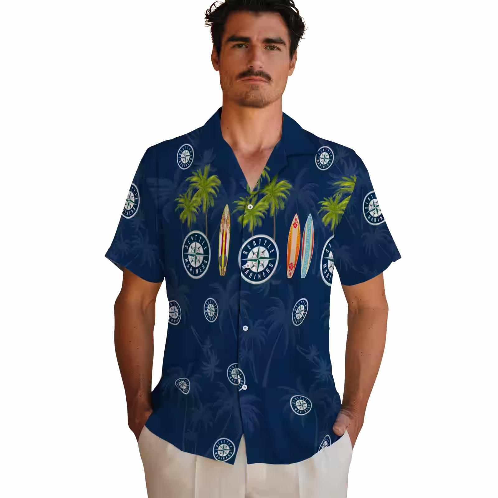 seattle mariners surfboard palm navy blue hawaiian shirt fashion forward