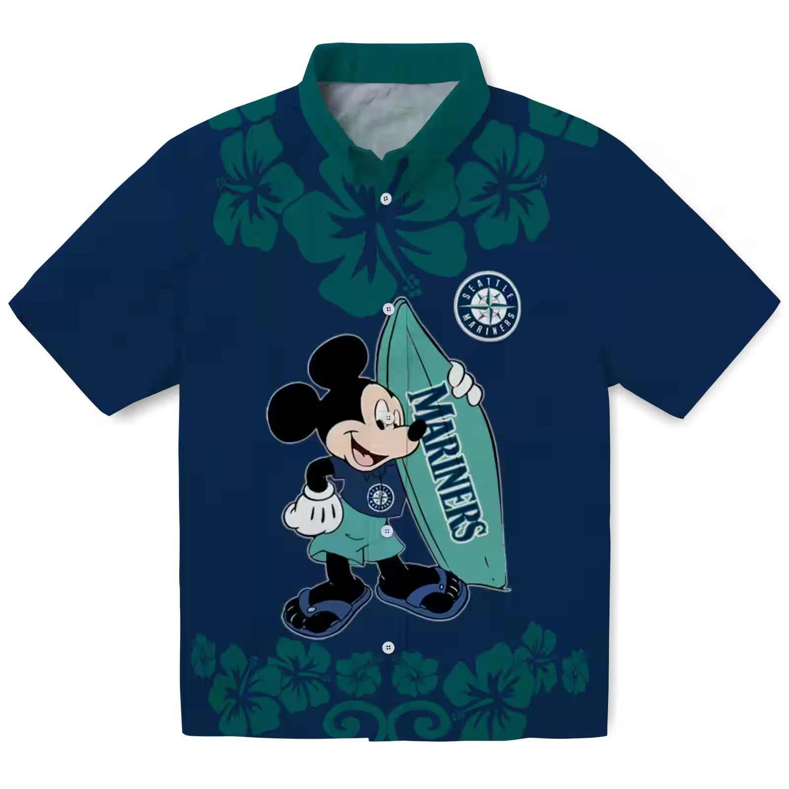 Seattle Mariners Surfing Mickey Navy Blue Hawaiian Shirt