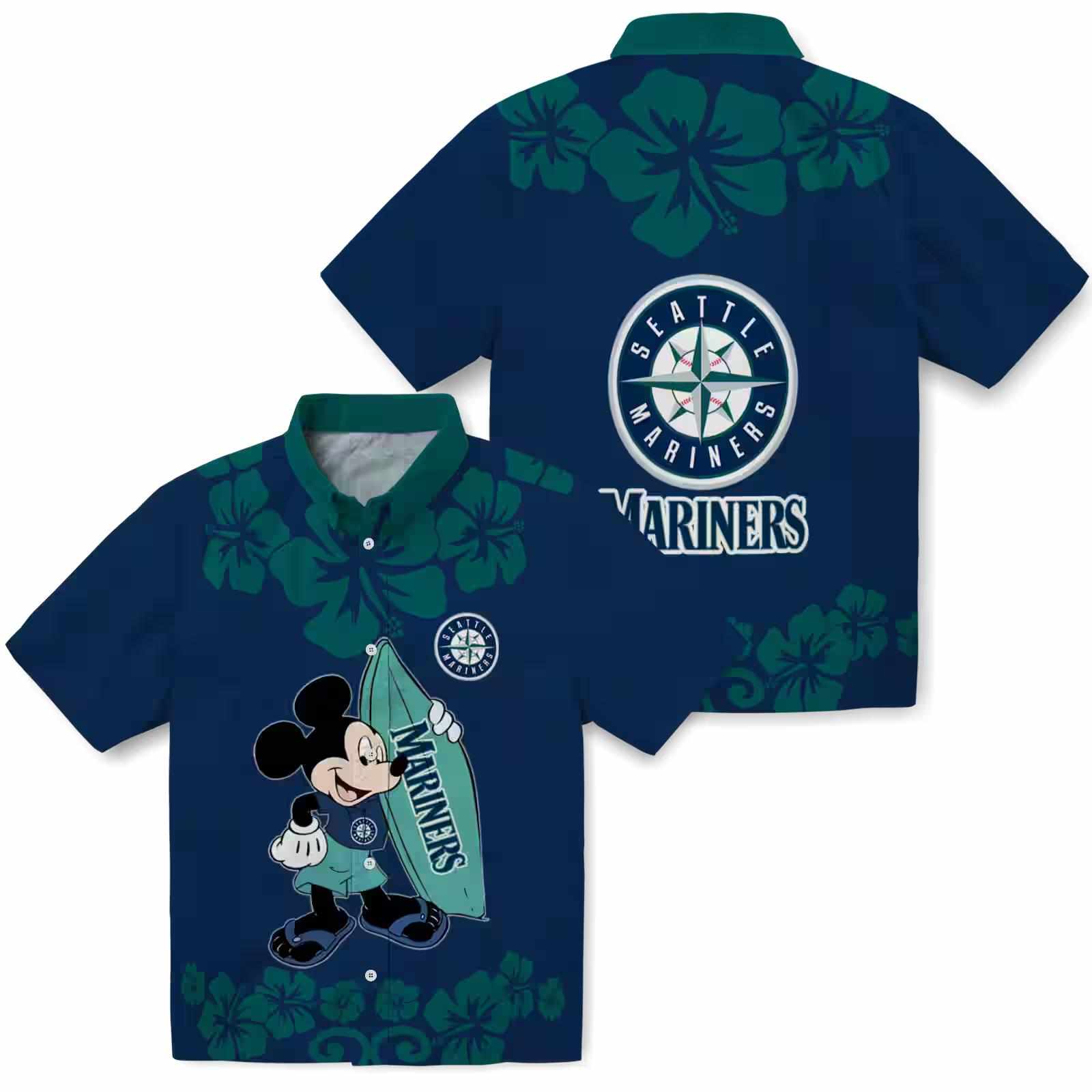 seattle mariners surfing mickey navy blue hawaiian shirt high quality