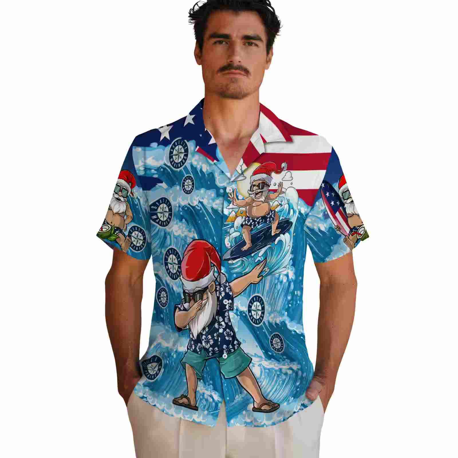 seattle mariners surfing santa blue hawaiian shirt fashion forward