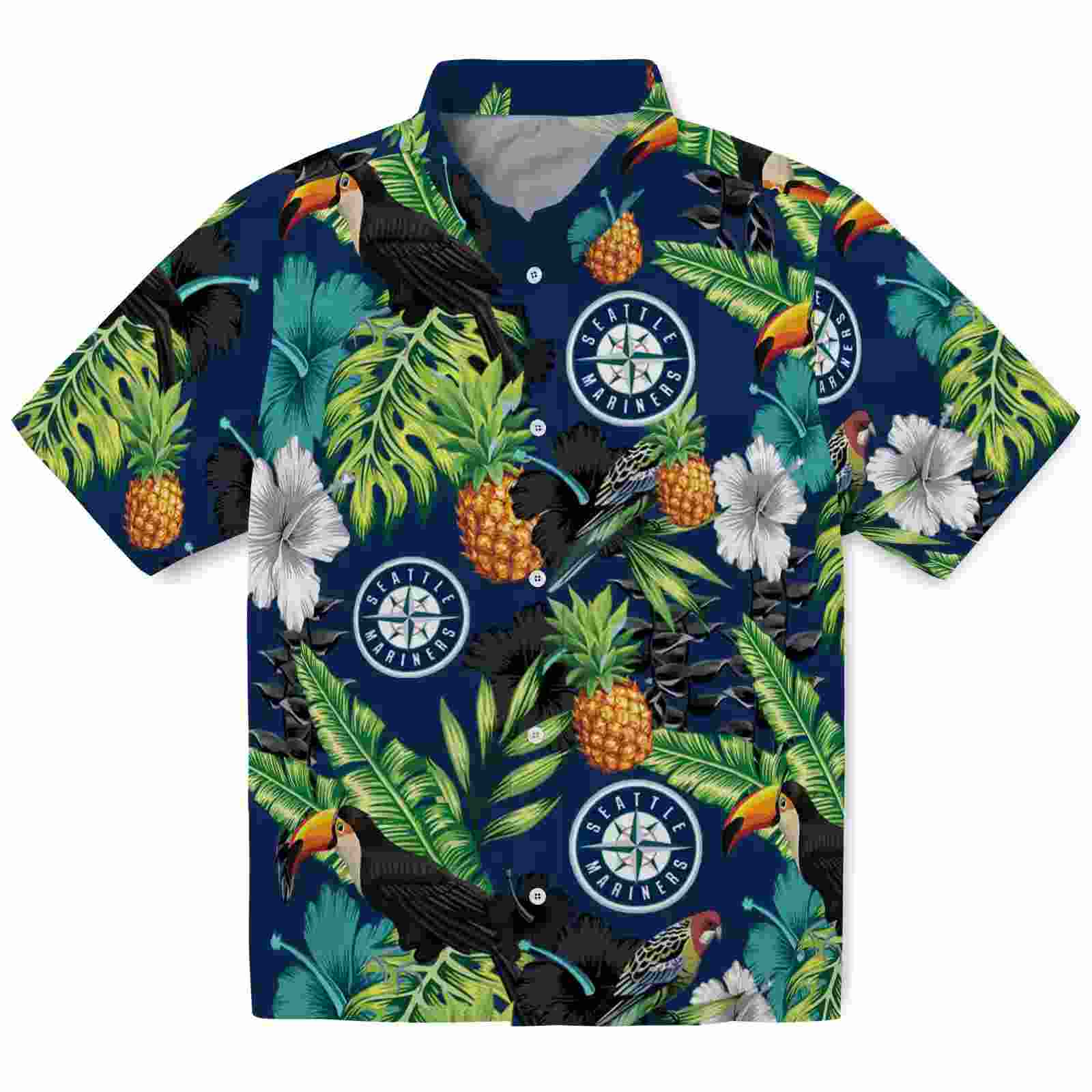 Seattle Mariners Toucan Hibiscus Pineapple Navy Blue Green Hawaiian Shirt