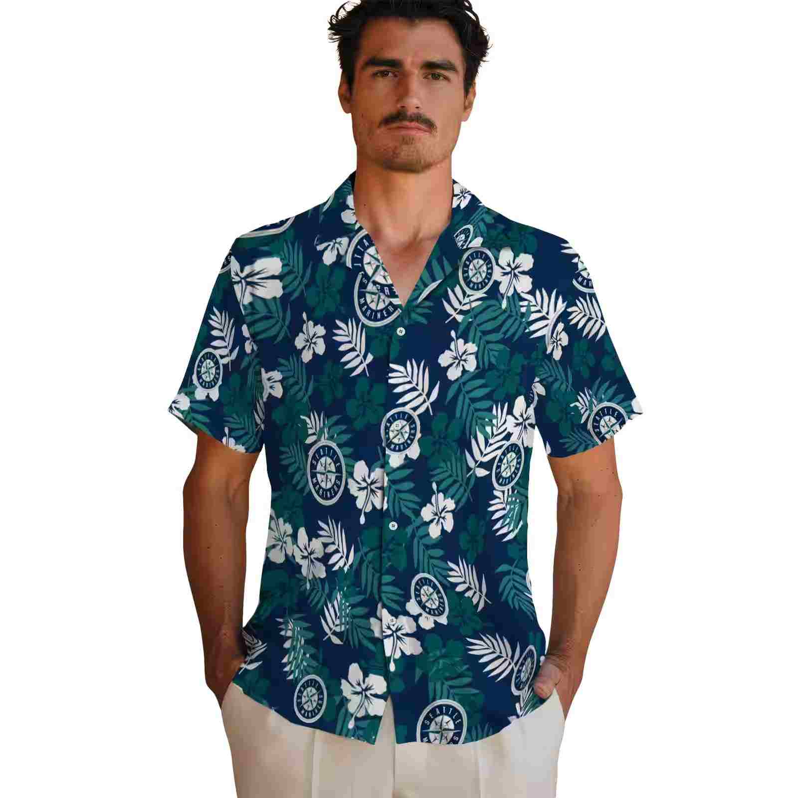 seattle mariners tropical floral navy blue hawaiian shirt fashion forward