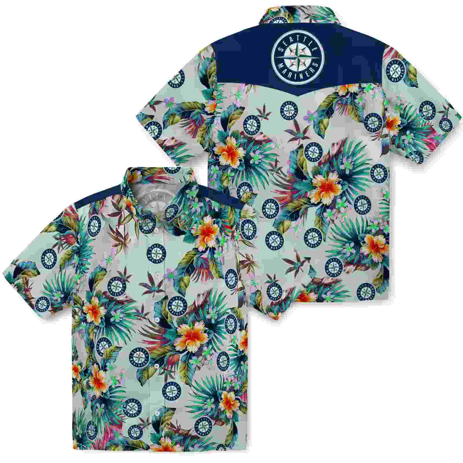 seattle mariners tropical foliage green hawaiian shirt high quality