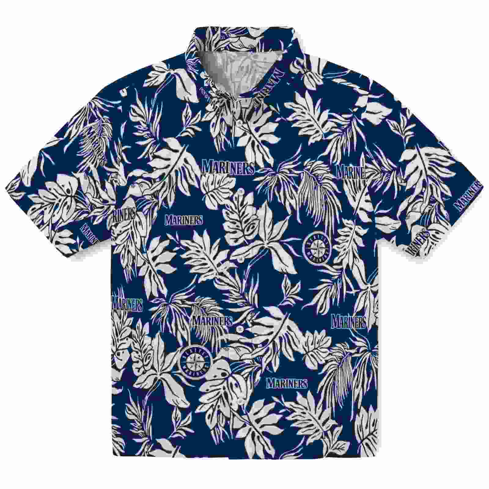 Seattle Mariners Tropical Leaf Navy Blue White Hawaiian Shirt