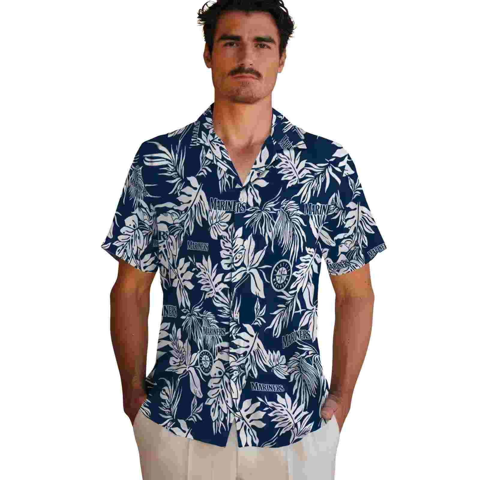 seattle mariners tropical leaf navy blue white hawaiian shirt fashion forward