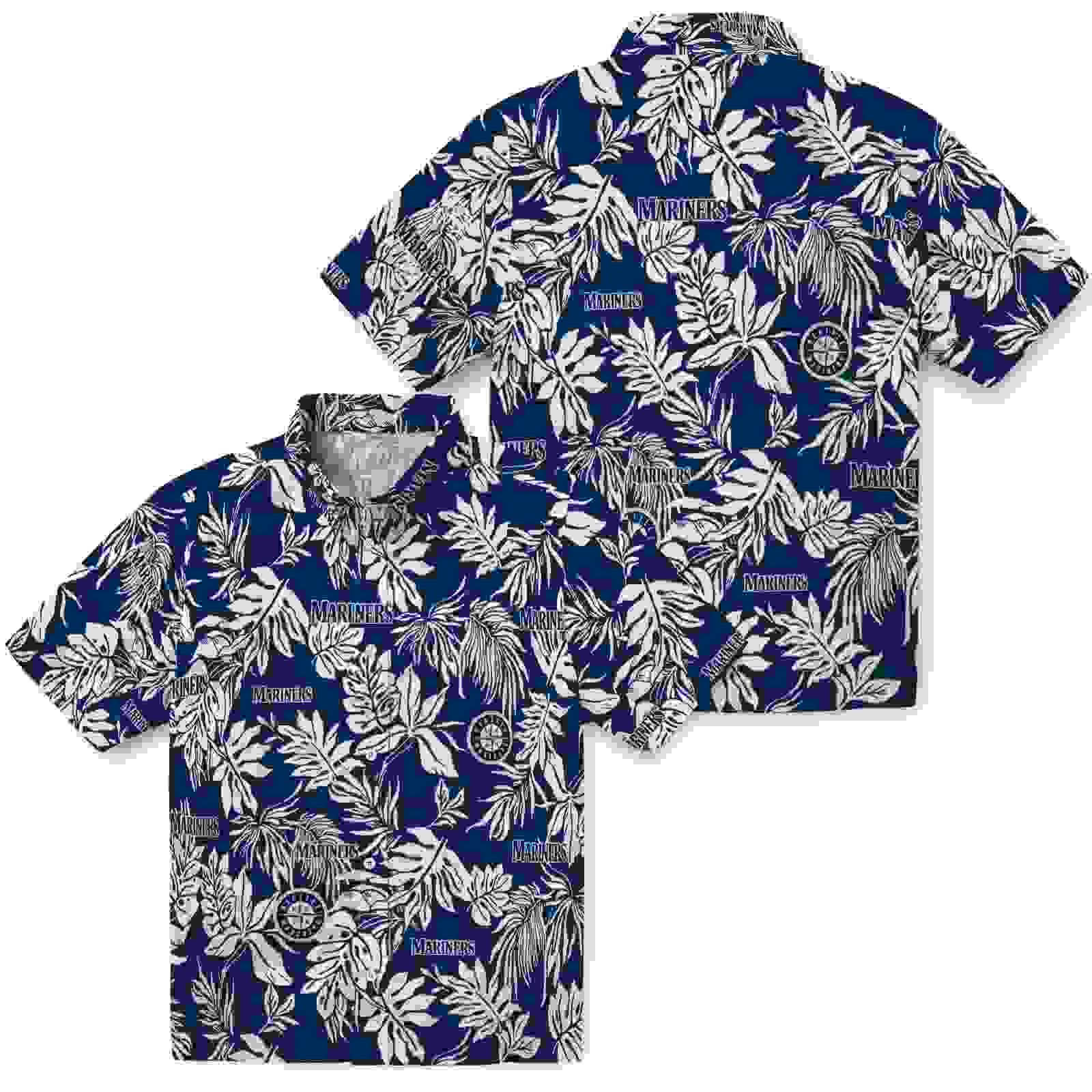 seattle mariners tropical leaf navy blue white hawaiian shirt high quality