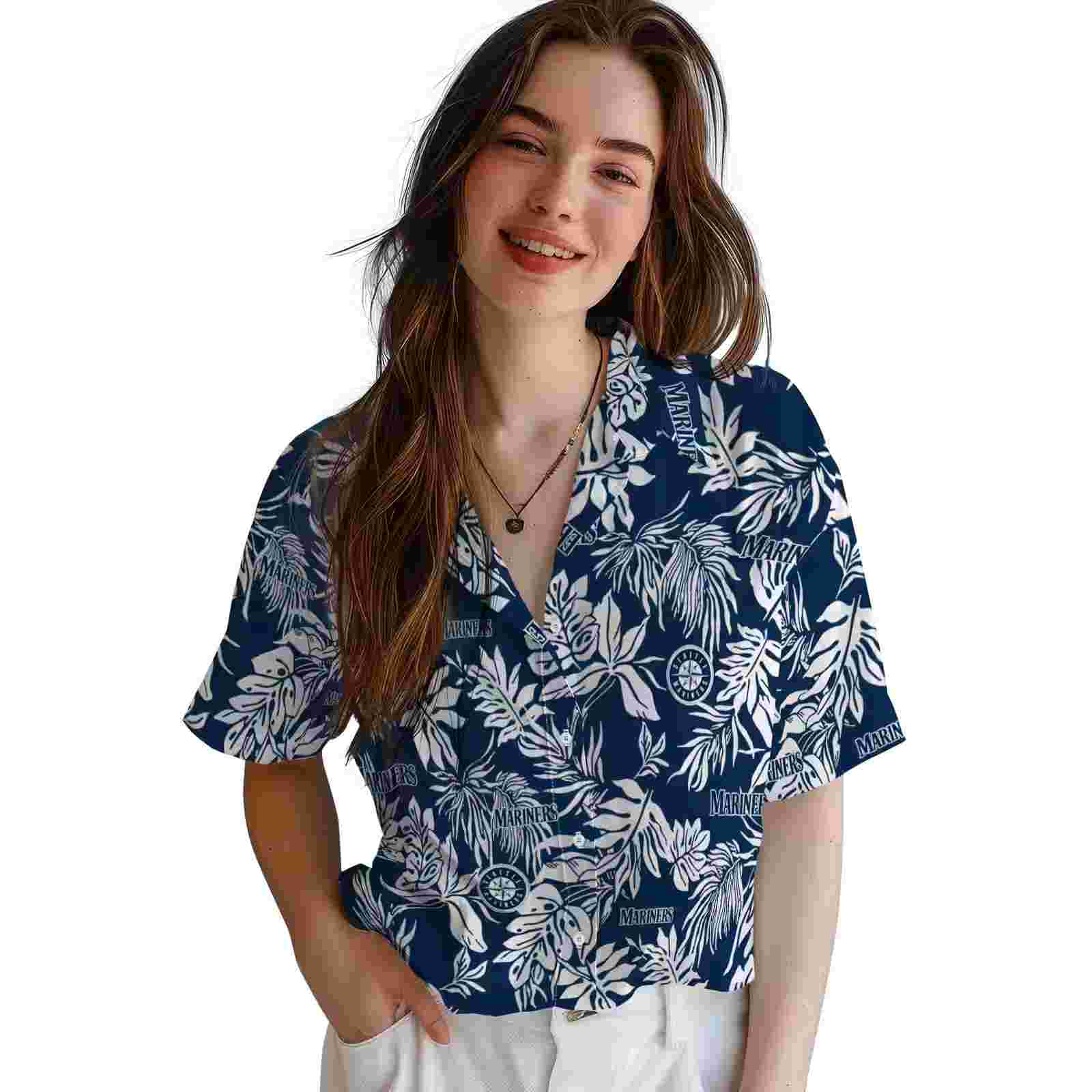 seattle mariners tropical leaf navy blue white hawaiian shirt latest model