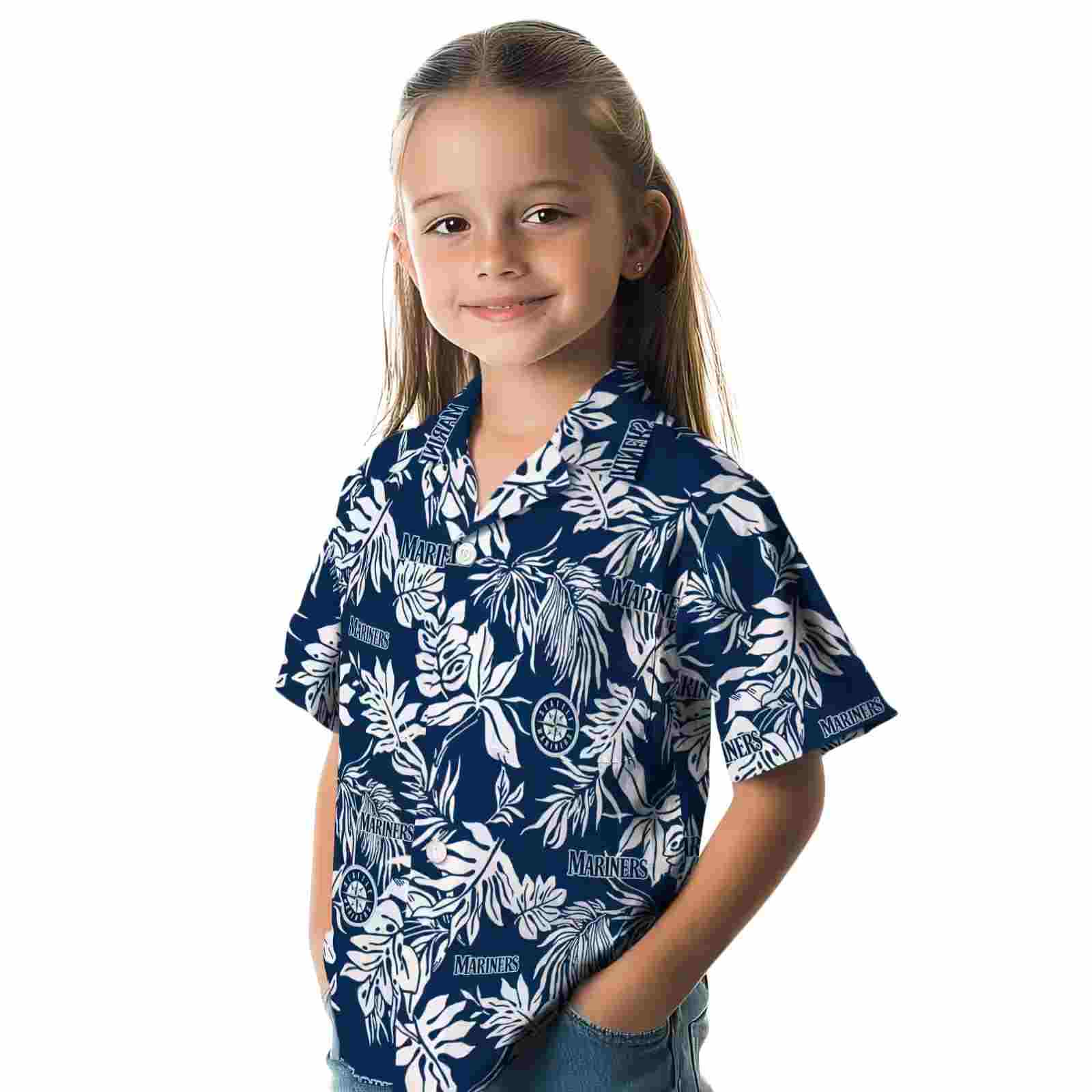 seattle mariners tropical leaf navy blue white hawaiian shirt premium grade