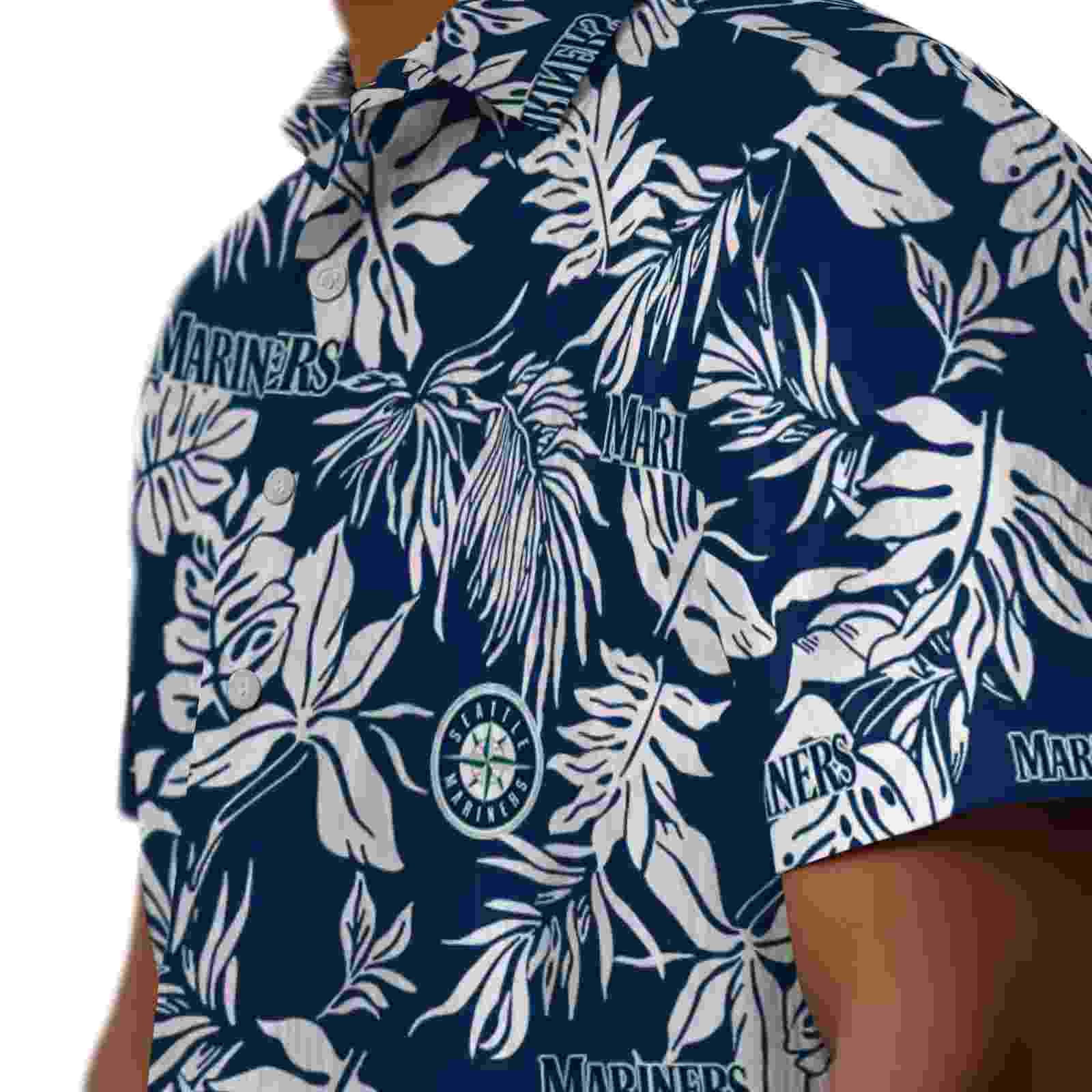 seattle mariners tropical leaf navy blue white hawaiian shirt trendy