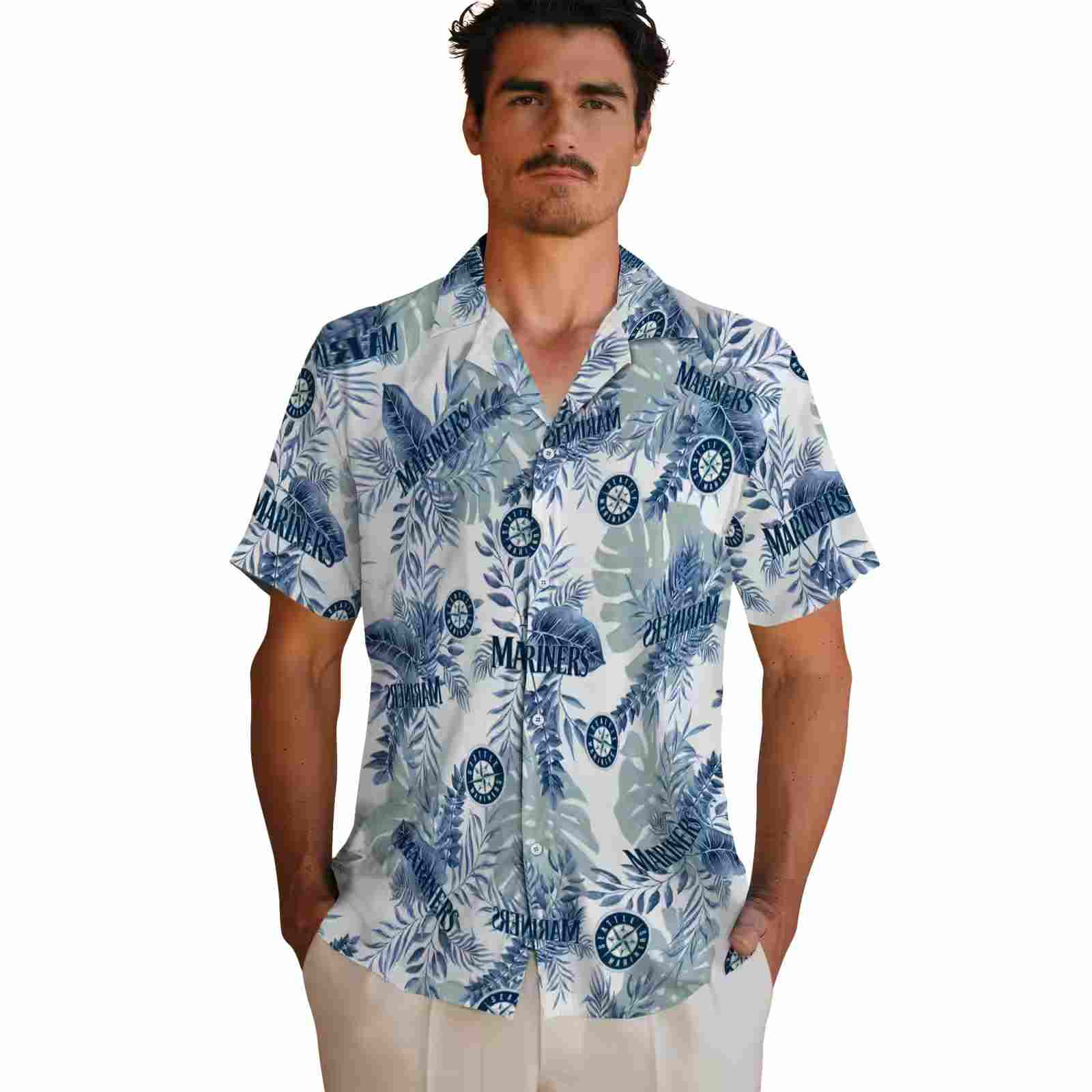 seattle mariners tropical leaves white hawaiian shirt fashion forward