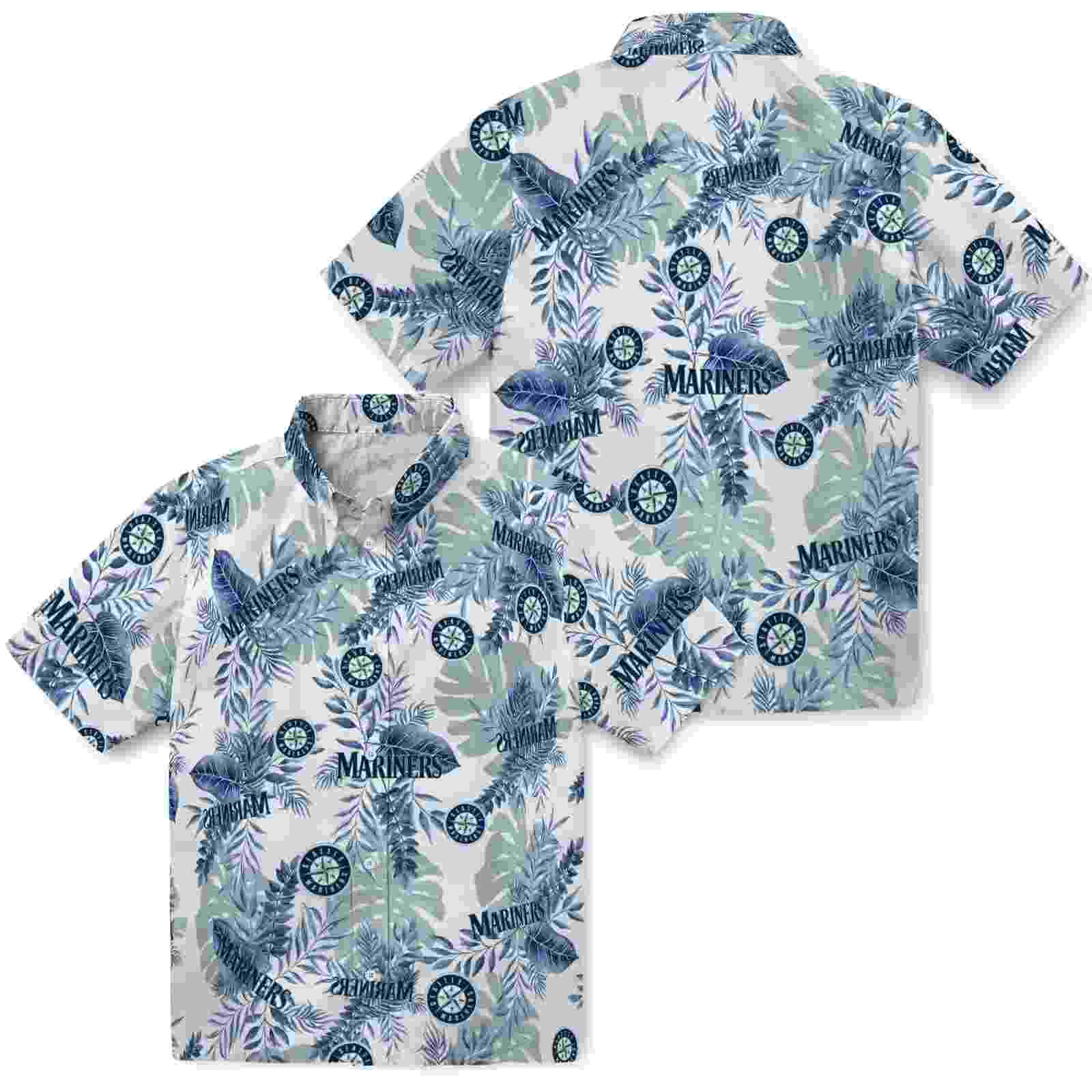 seattle mariners tropical leaves white hawaiian shirt high quality