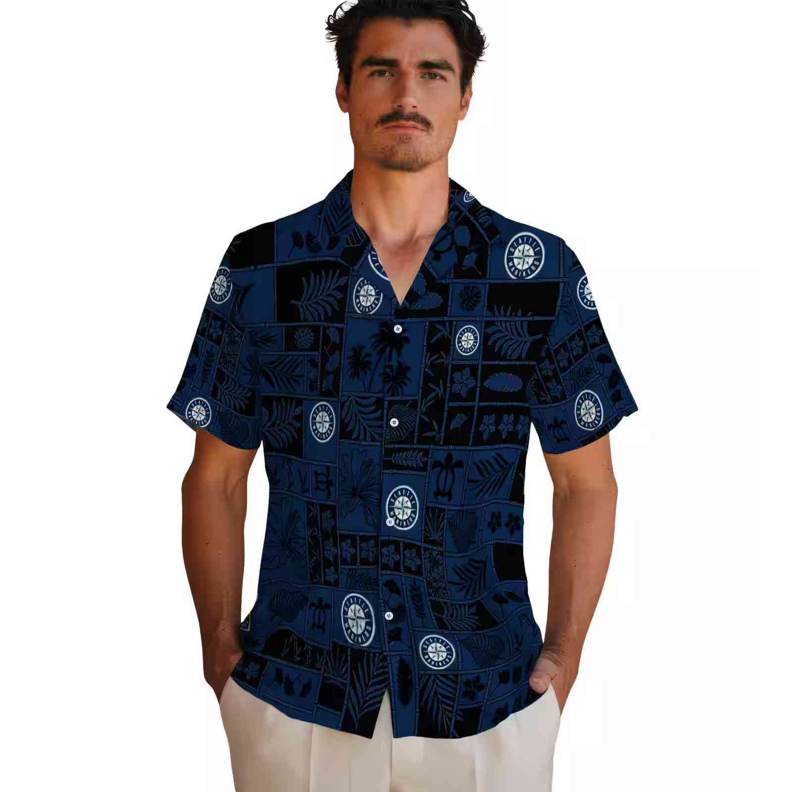 seattle mariners tropical patchwork navy blue black hawaiian shirt fashion forward