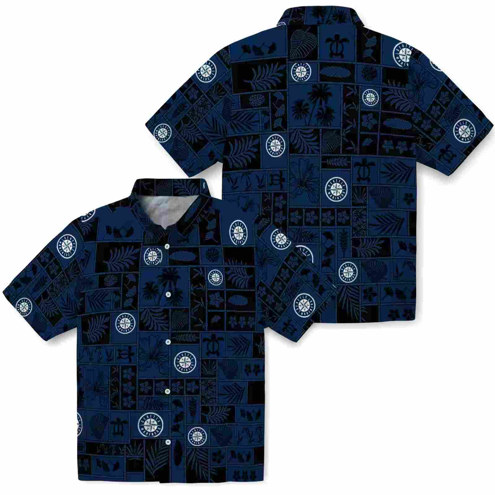 seattle mariners tropical patchwork navy blue black hawaiian shirt high quality