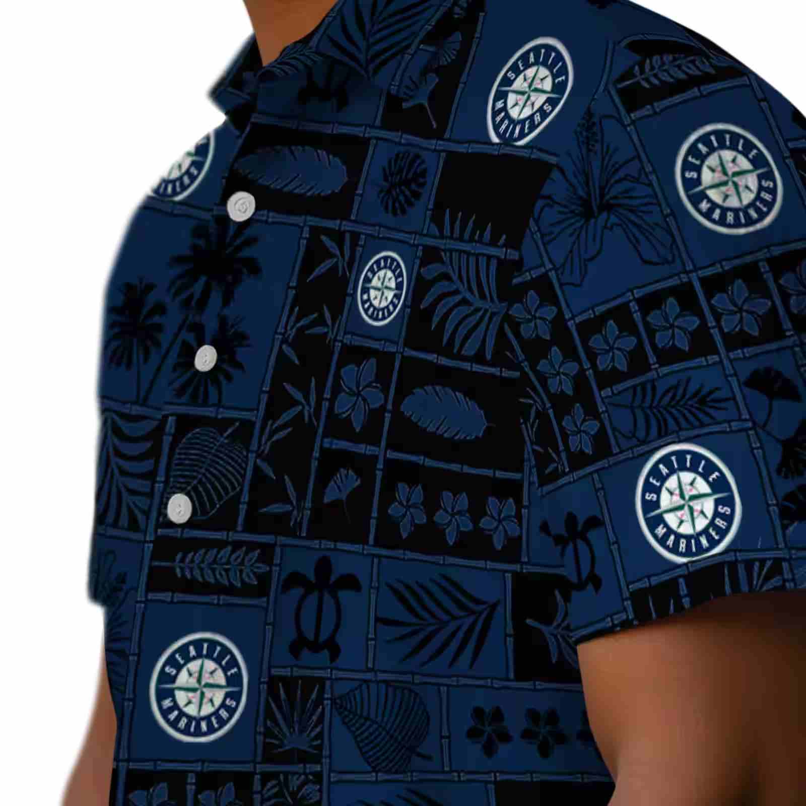 seattle mariners tropical patchwork navy blue black hawaiian shirt trendy