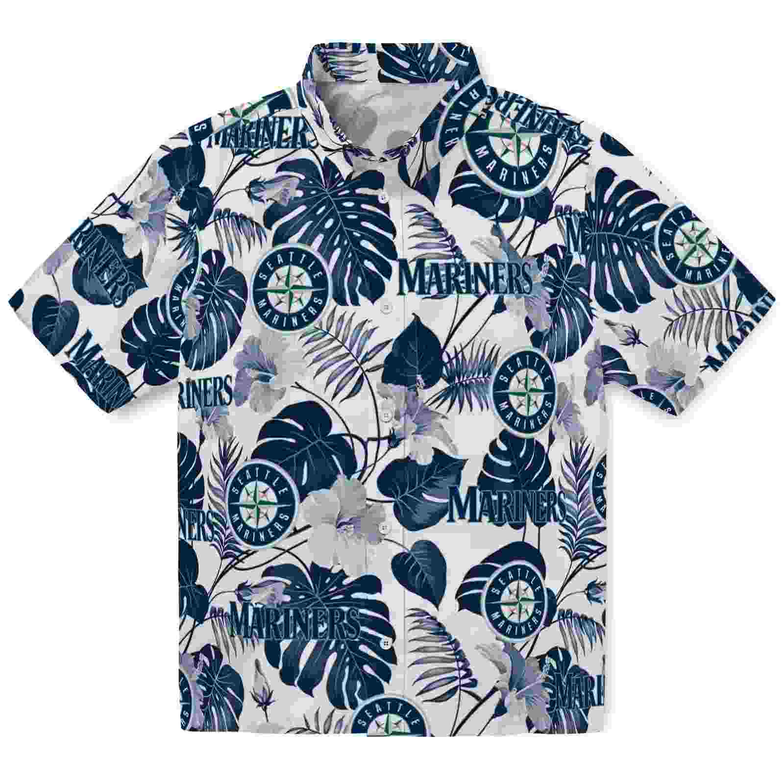 Seattle Mariners Tropical Plants Navy Blue White Hawaiian Shirt