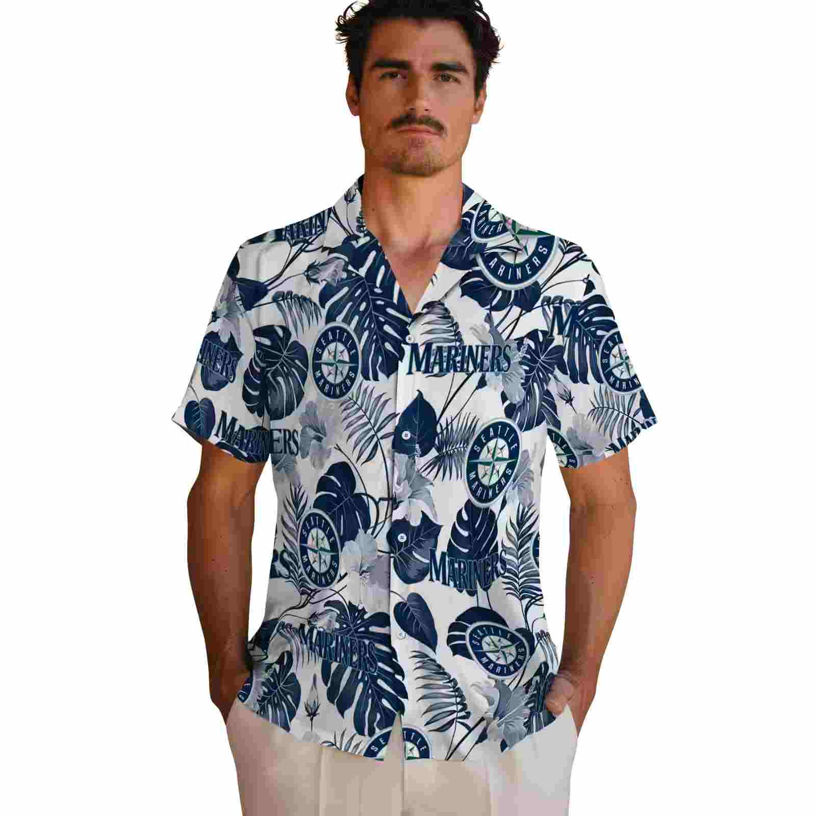 seattle mariners tropical plants navy blue white hawaiian shirt fashion forward