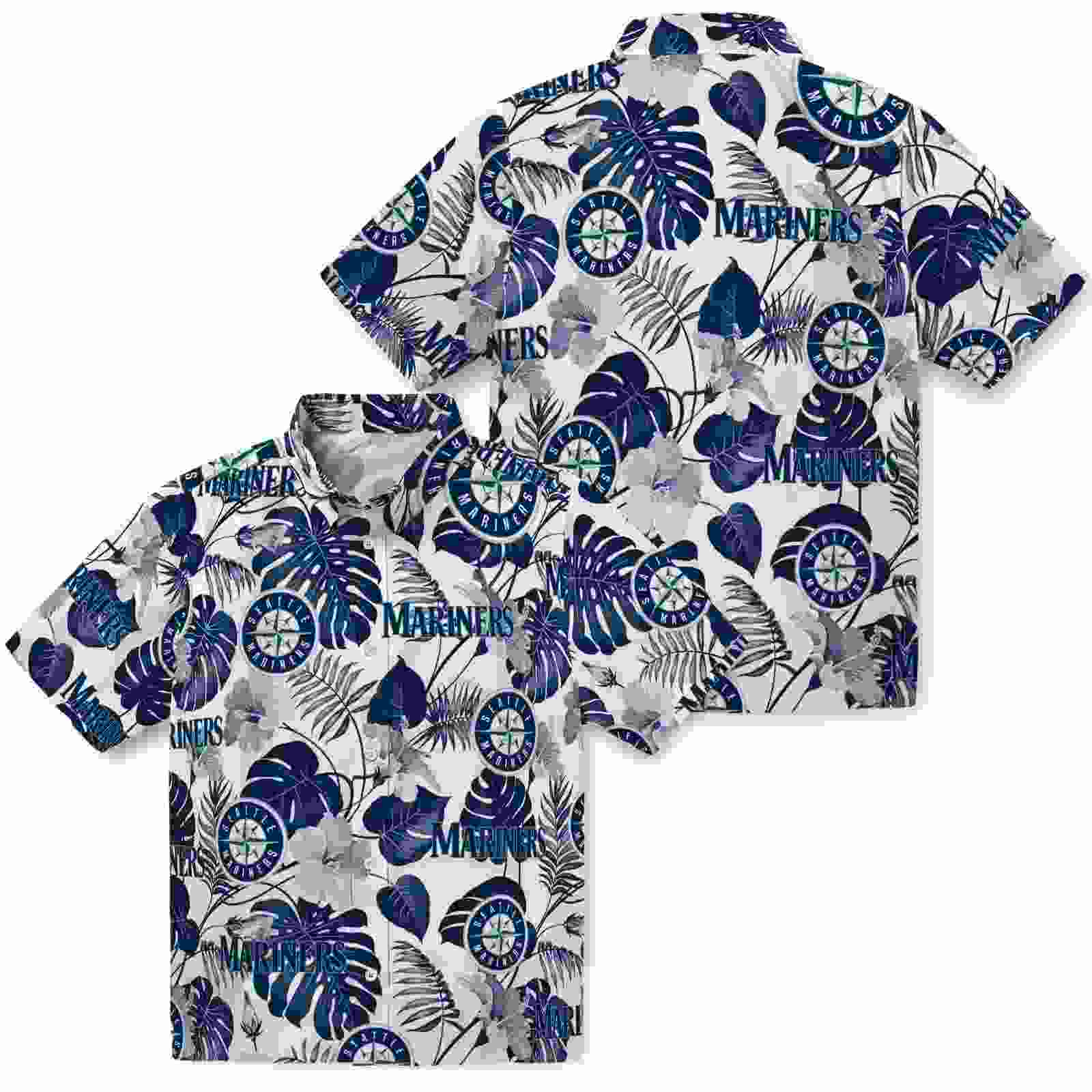 seattle mariners tropical plants navy blue white hawaiian shirt high quality