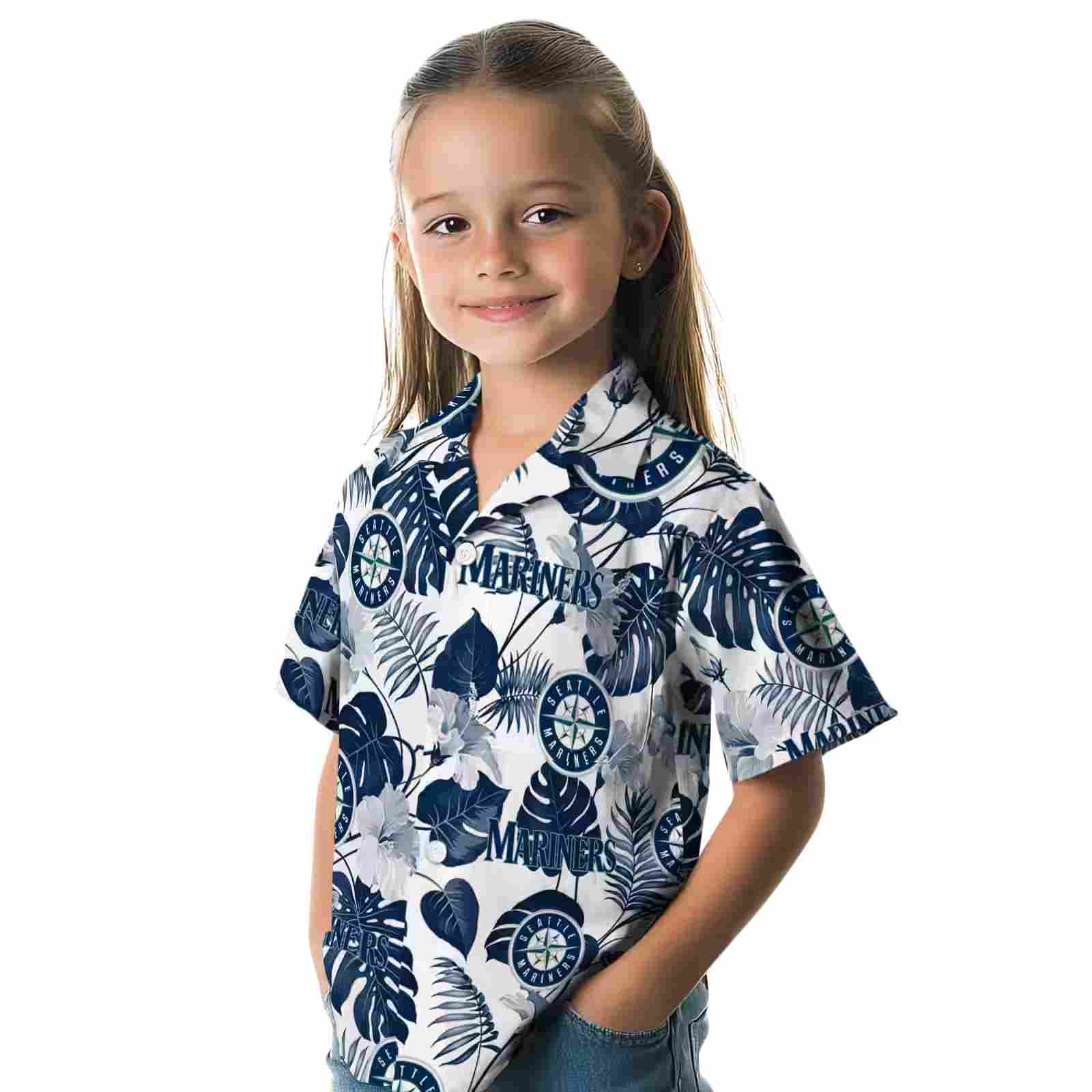 seattle mariners tropical plants navy blue white hawaiian shirt premium grade