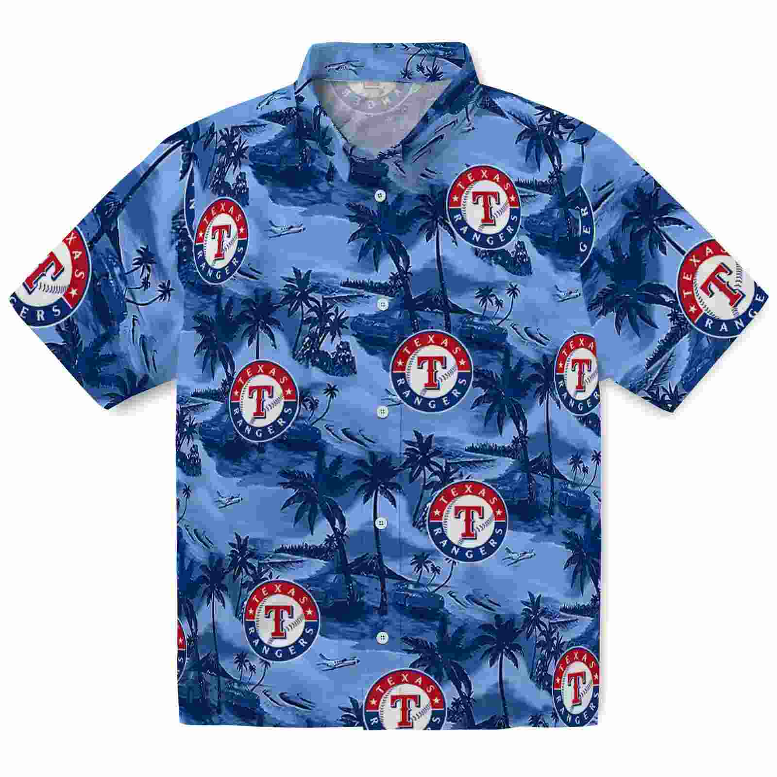 Texas Rangers Coastal Palms Blue Hawaiian Shirt