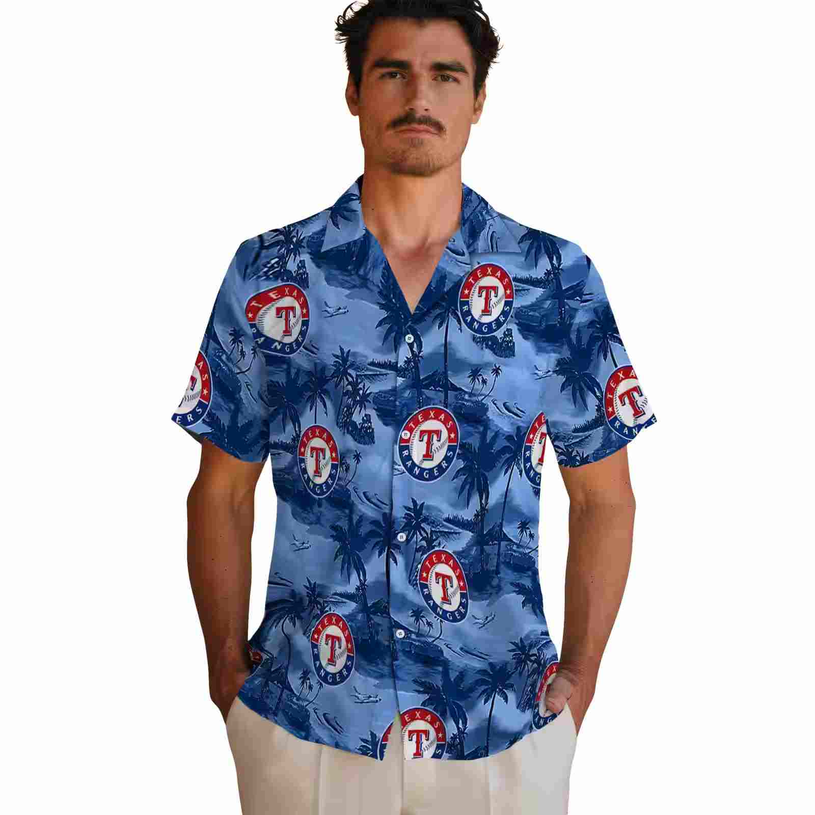 texas rangers coastal palms blue hawaiian shirt fashion forward