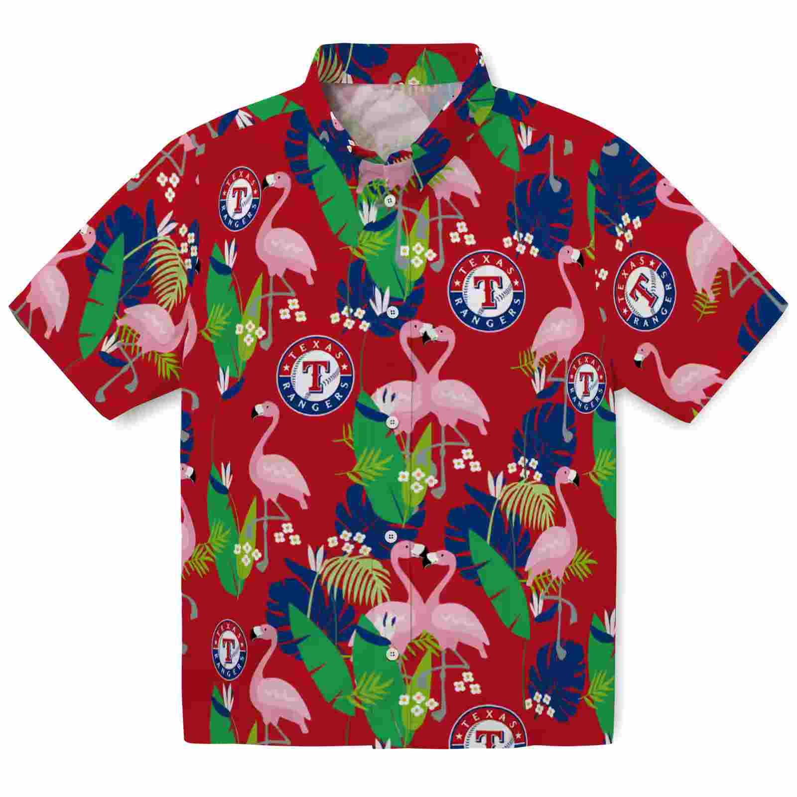 Texas Rangers Flamingo Foliage Blue Green Hawaiian Shirt